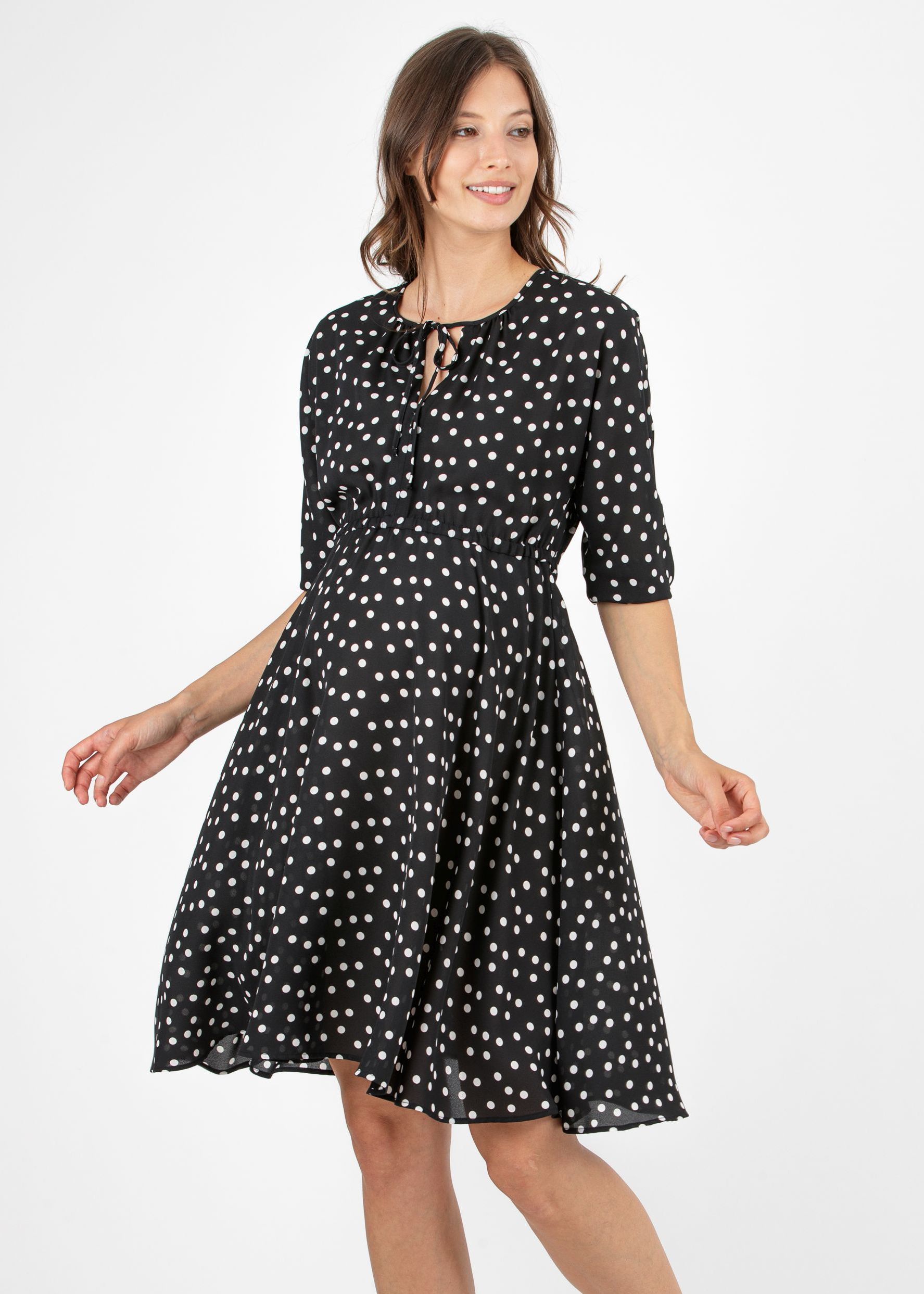 Abito Premaman & Allattamento in Crêpe a Pois con Gonna a Ruota (Nero)