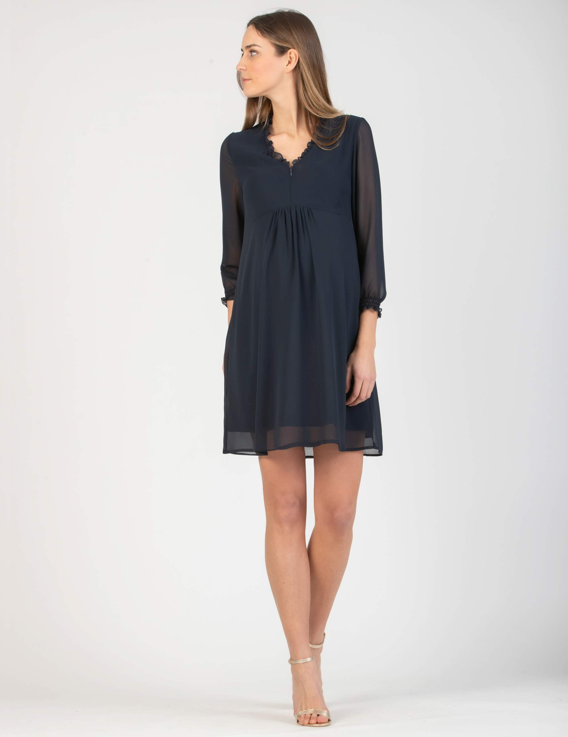 DIANA - Chiffon Maternity & Nursing Dress with Ruffle Trims on the Neck (Dark Blue, XS)
