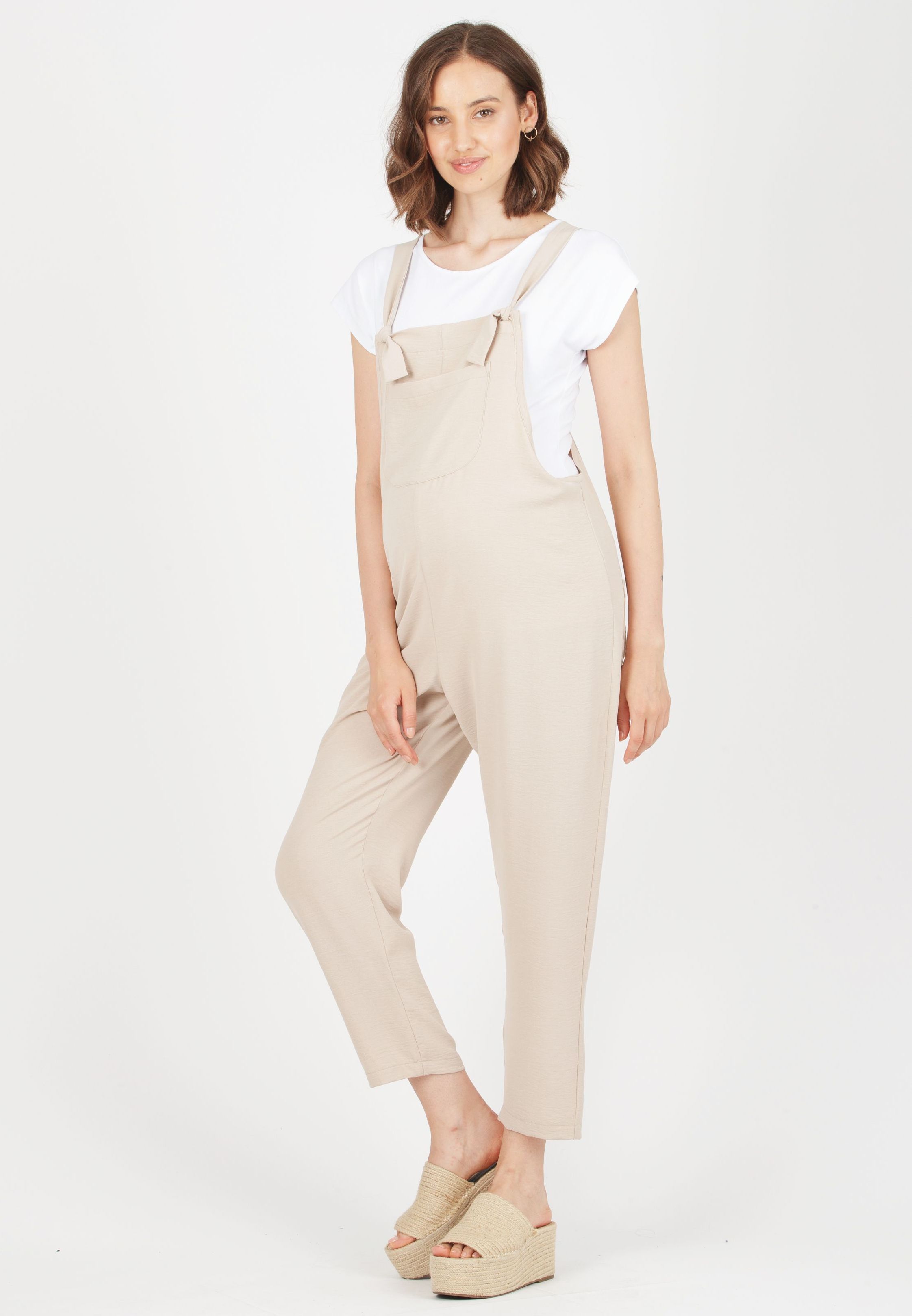 ESTER - Maternity Dungaree in Fluid Crepe Fabric (Beige, XS)