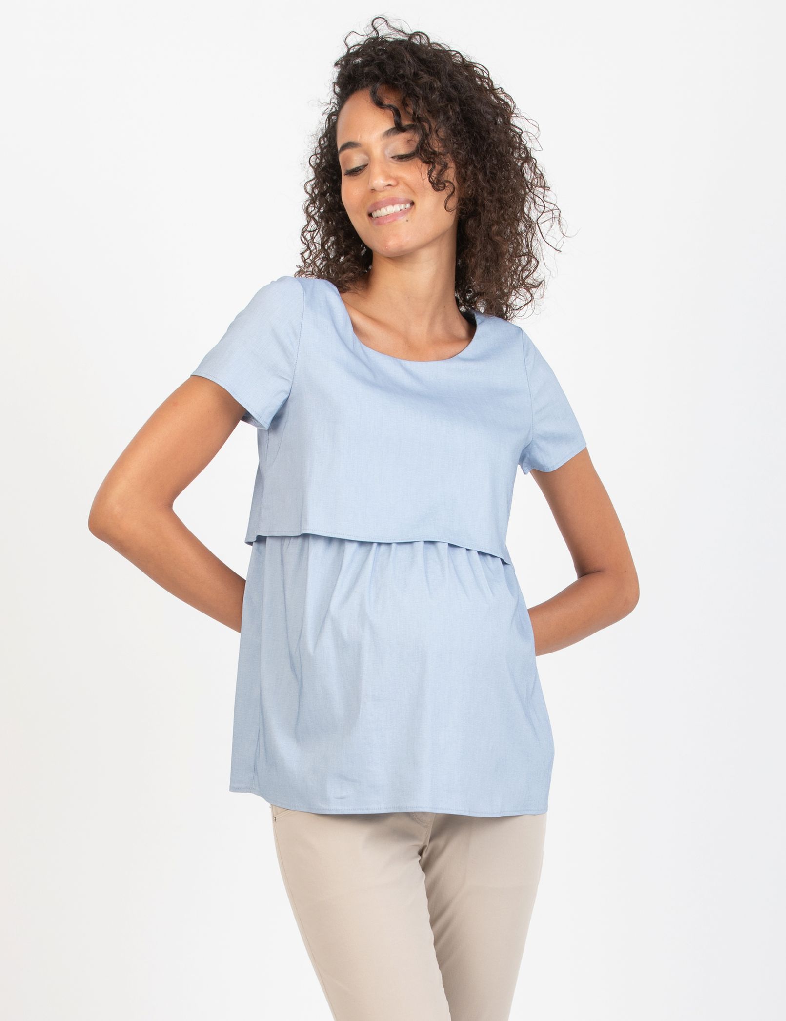 CLAUDIA - Double Layer Maternity & Nursing Blouse in Cotton Bengaline (Blue, XS)
