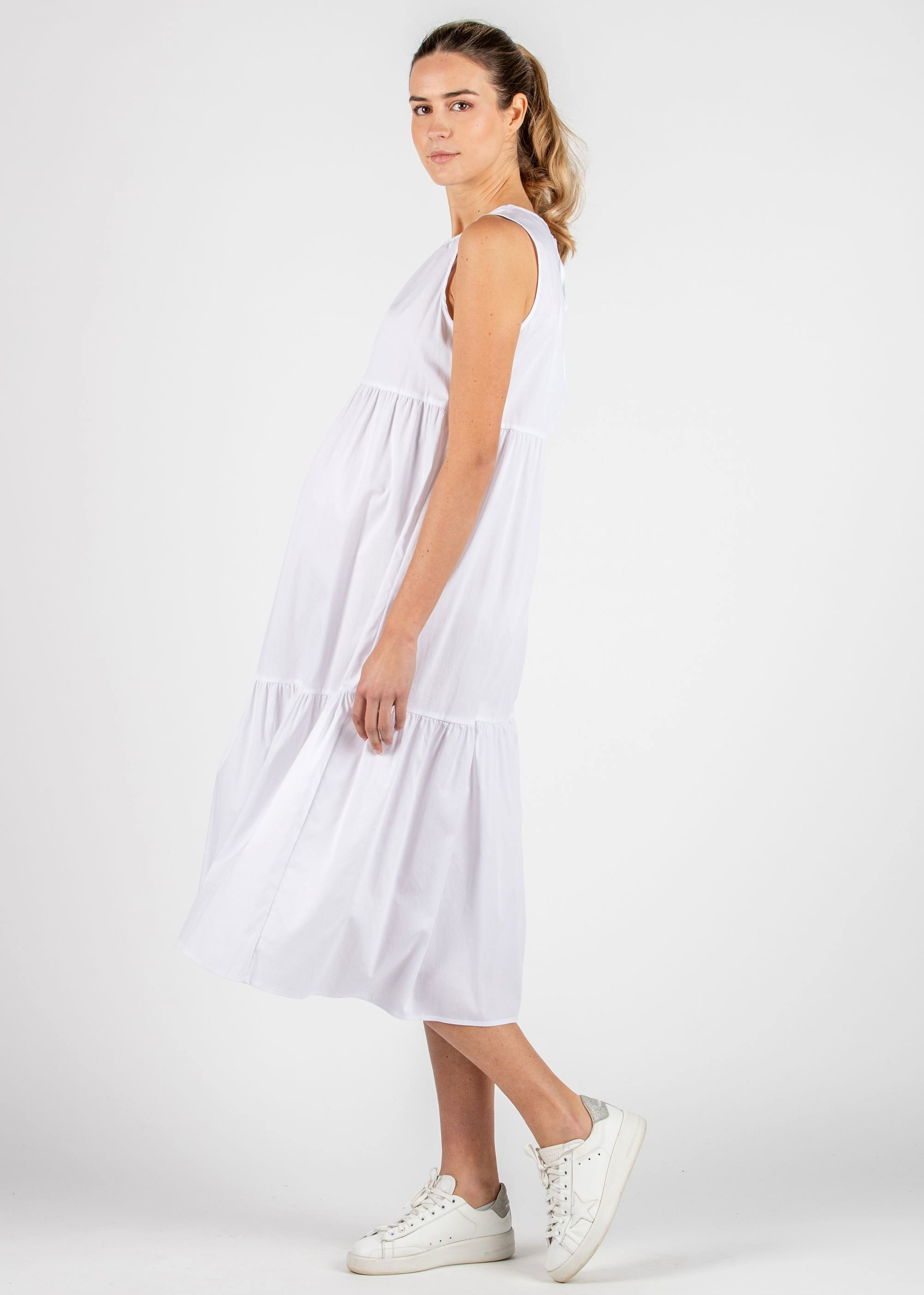 Abito Midi Premaman a Balze con Chiusura a Laccetti (Bianco, XS)