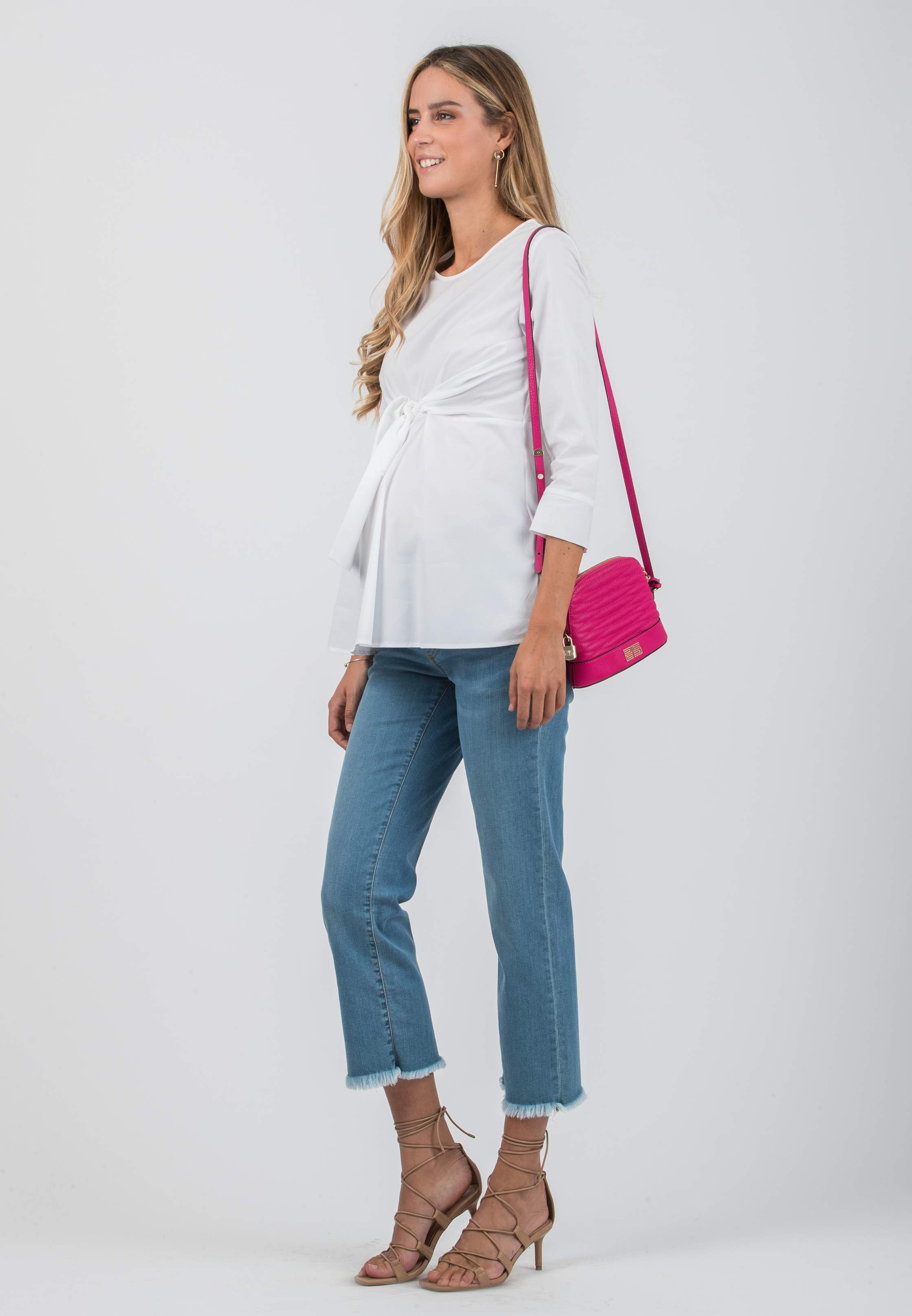MATILDE - Poplin Maternity Blouse with Front Bow (Ivory, XS)