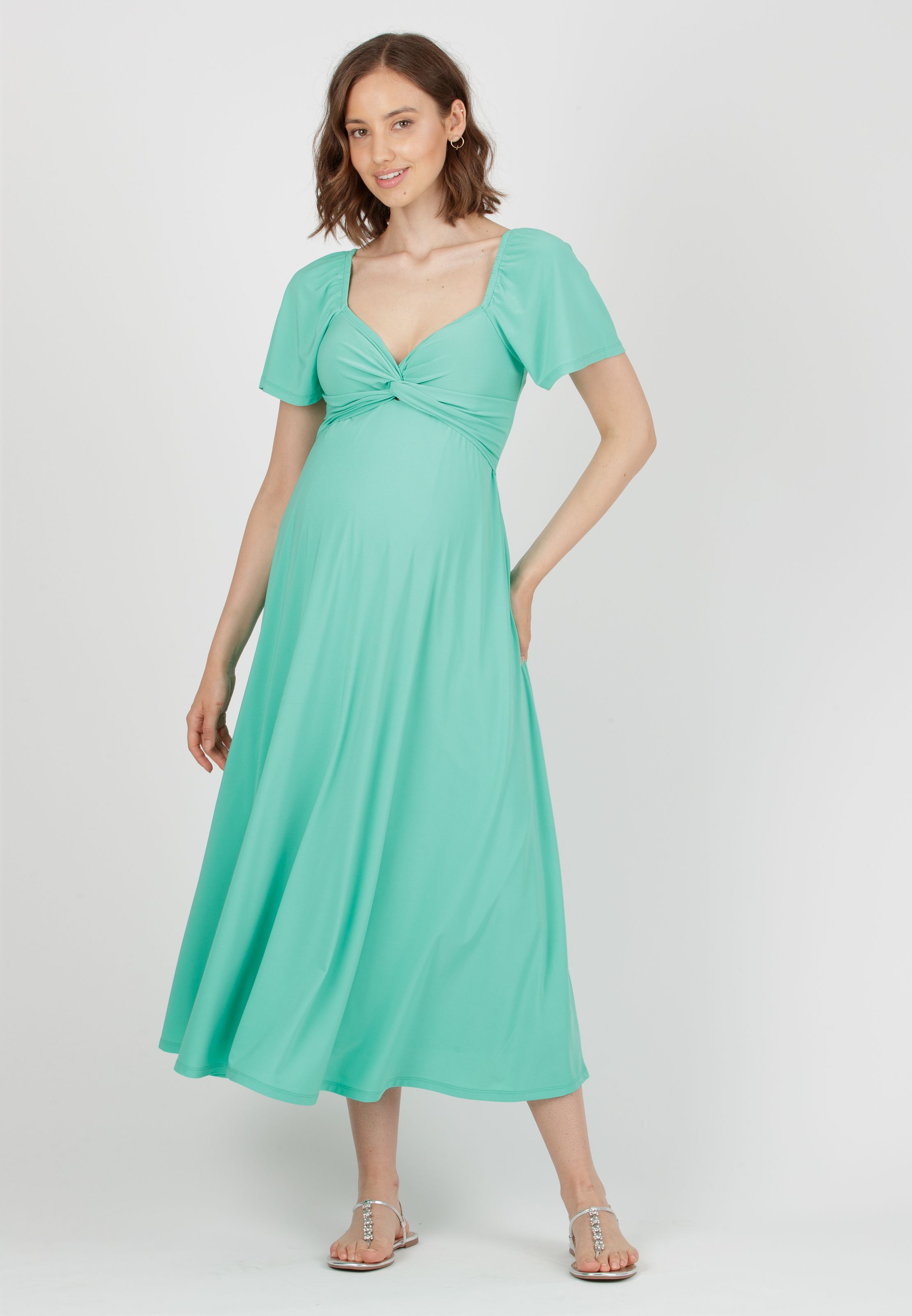 ESTELLE - Maternity & Nursing Dress with Sweetheart Neckline and Flared Midi Skirt (Verde Chiaro)