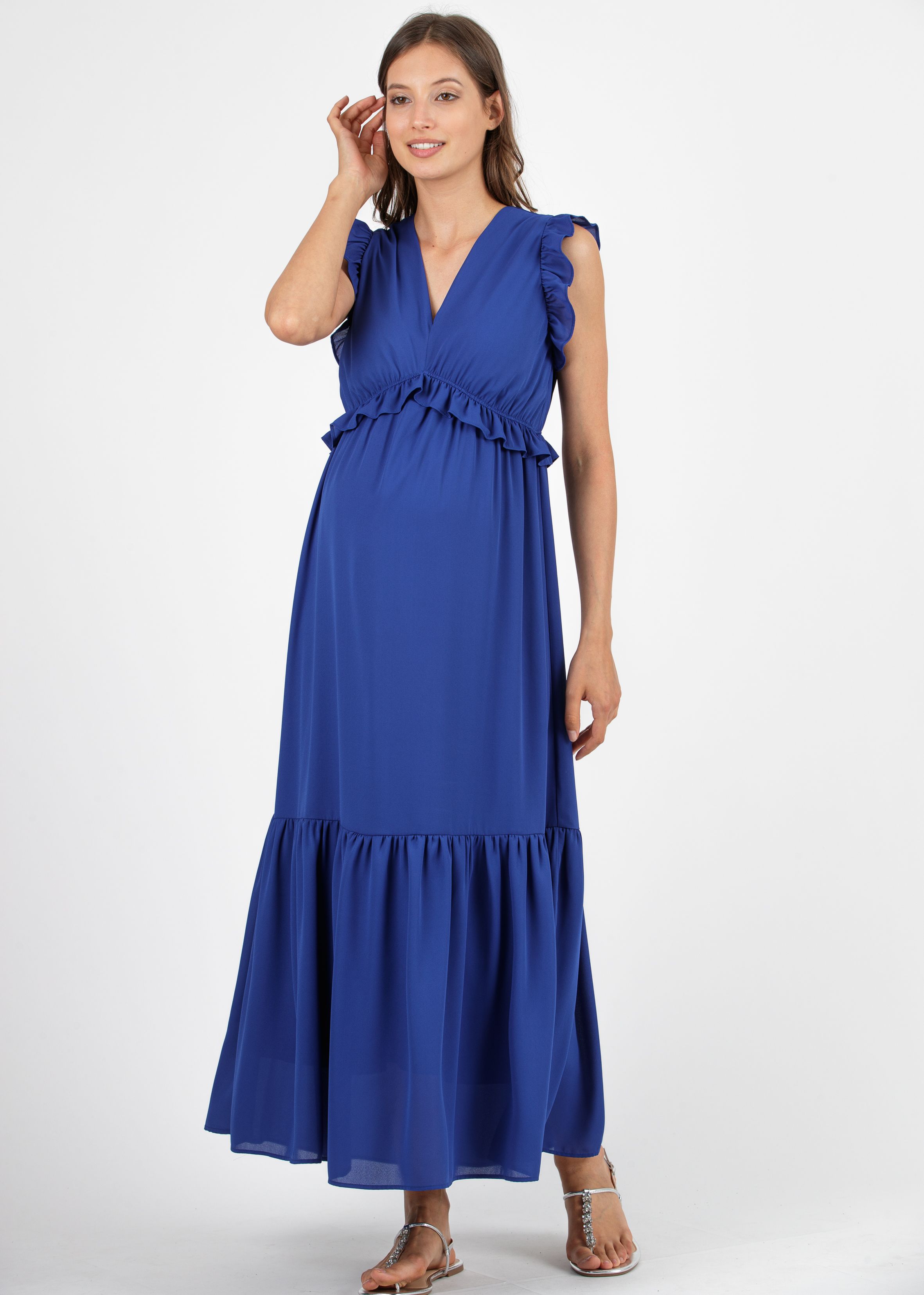 Long Maternity Dress in Chiffon with Ruffle Trims (China Blue, XS)