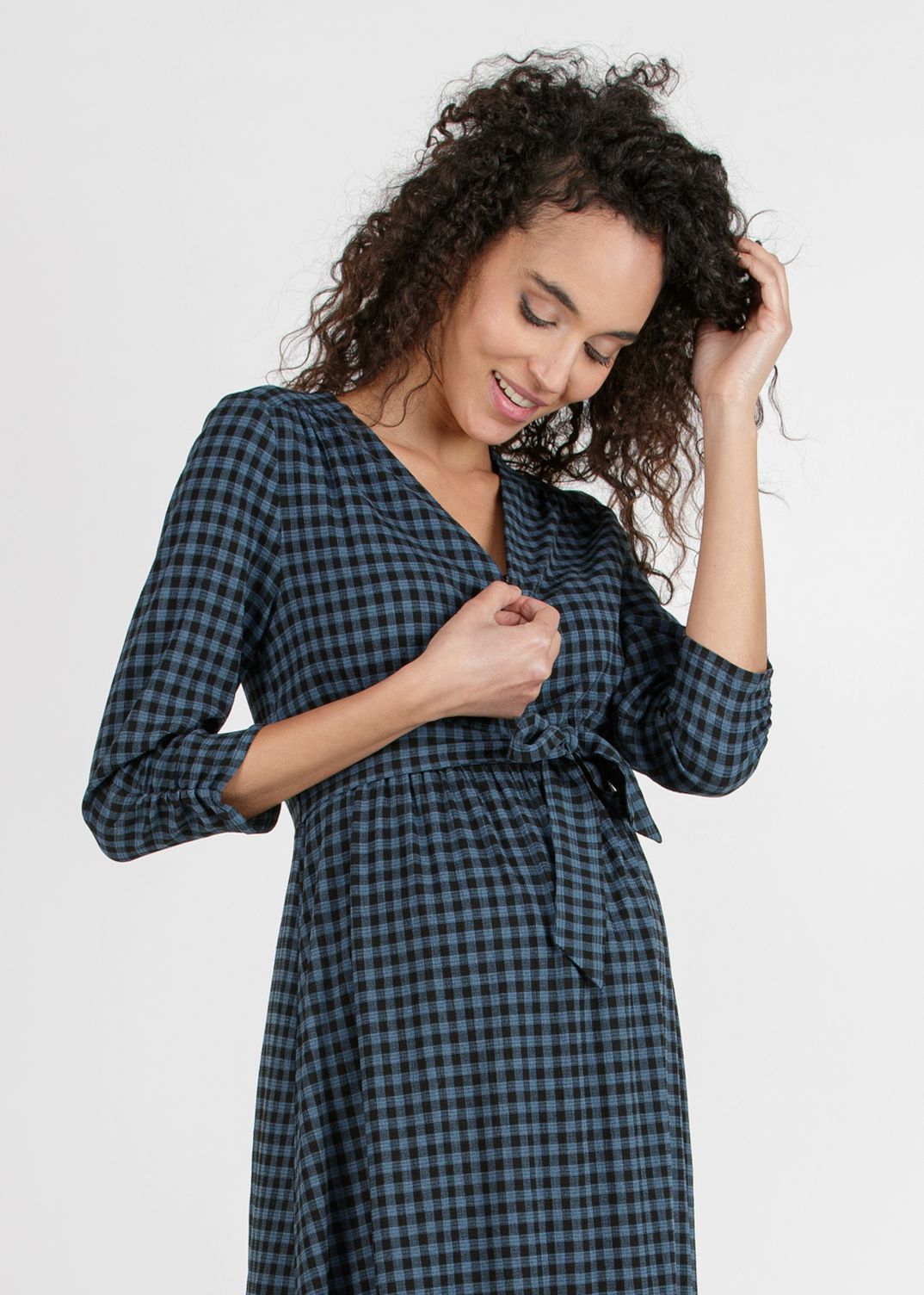 YLENIA - Gingham Midi Maternity & Nursing Dress (Air Force Blue, XS)
