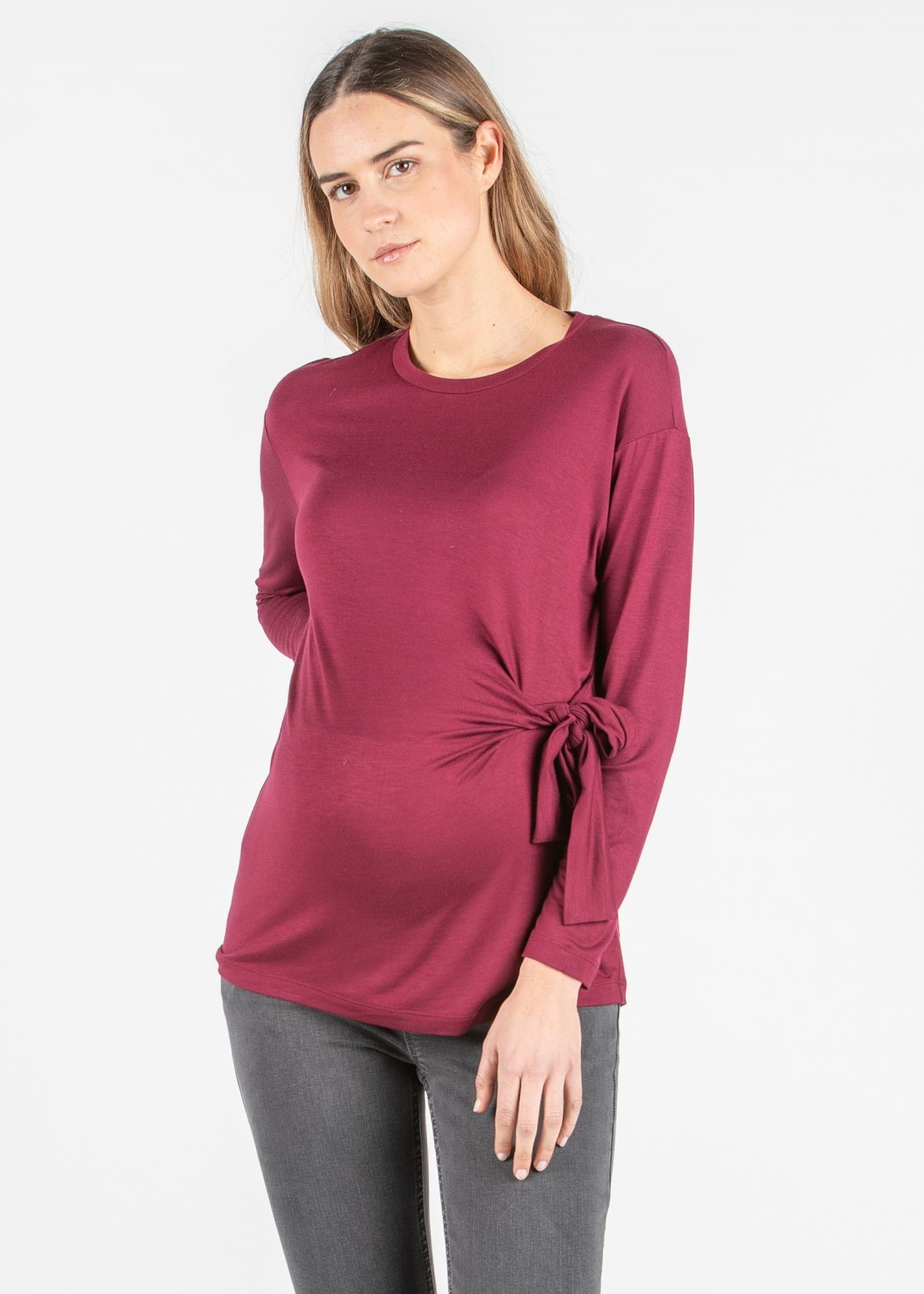 Long Sleeve Maternity Top in Jersey with Knot on Side (Plum, XS)