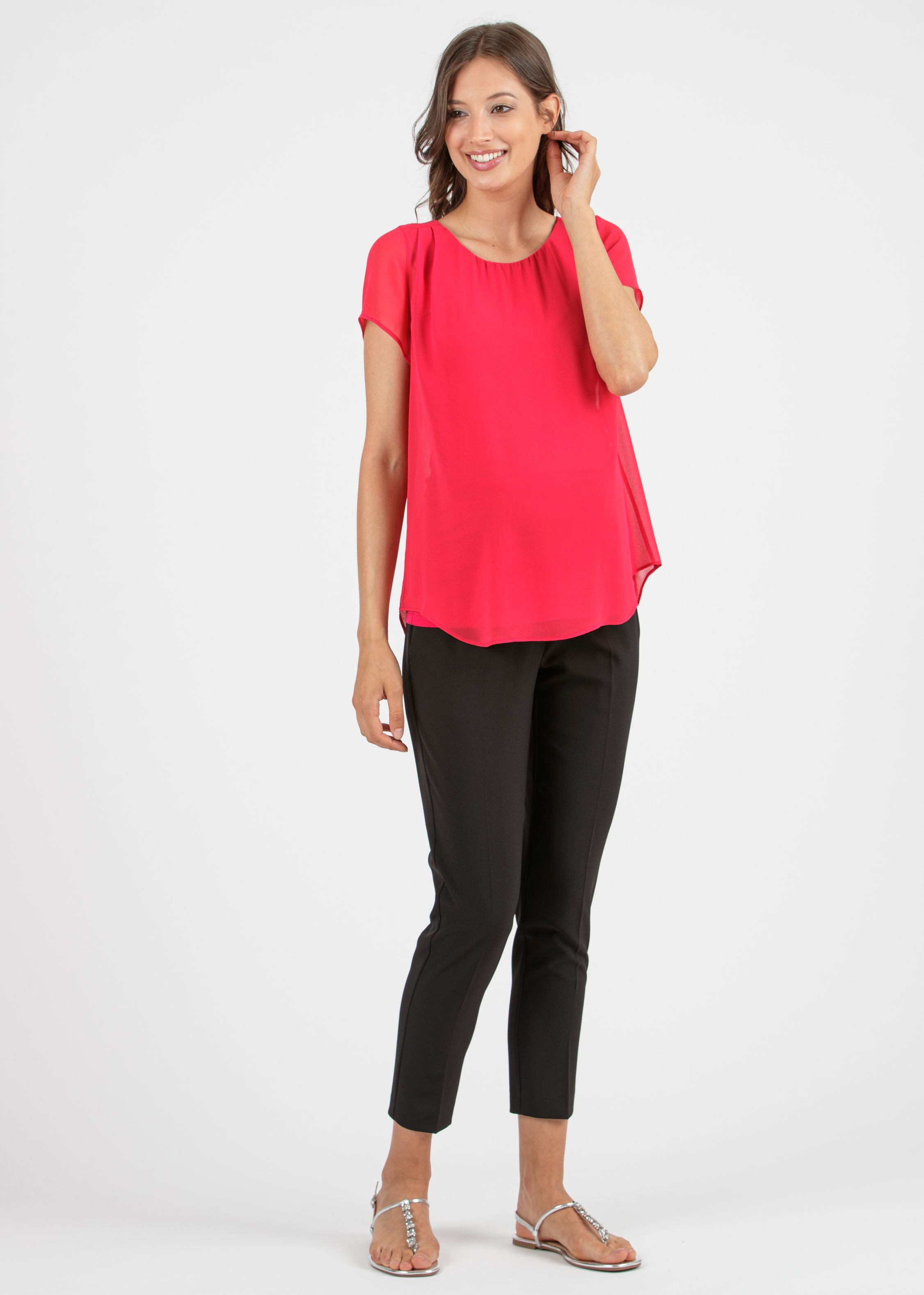 LAURA - Double Layer Maternity T-Shirt in Chiffon and Jersey (Red, XS)