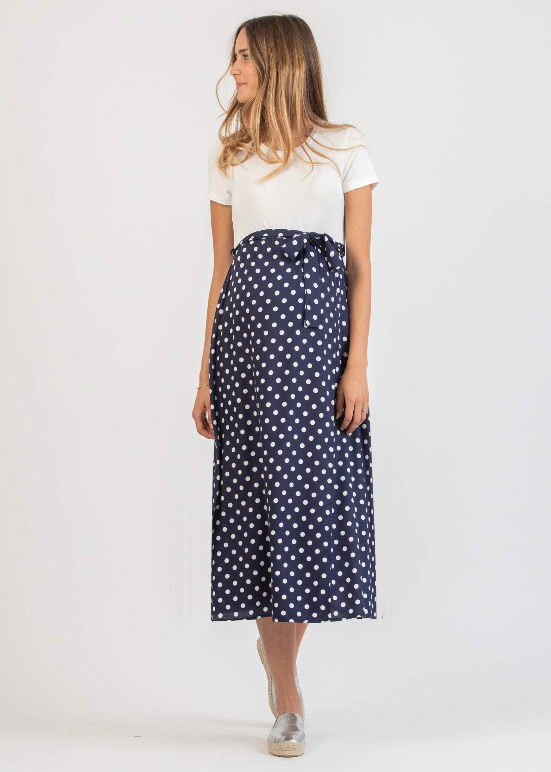 Abito Midi Premaman con Gonna a Pois a Portafoglio (Blu Scuro, XS)