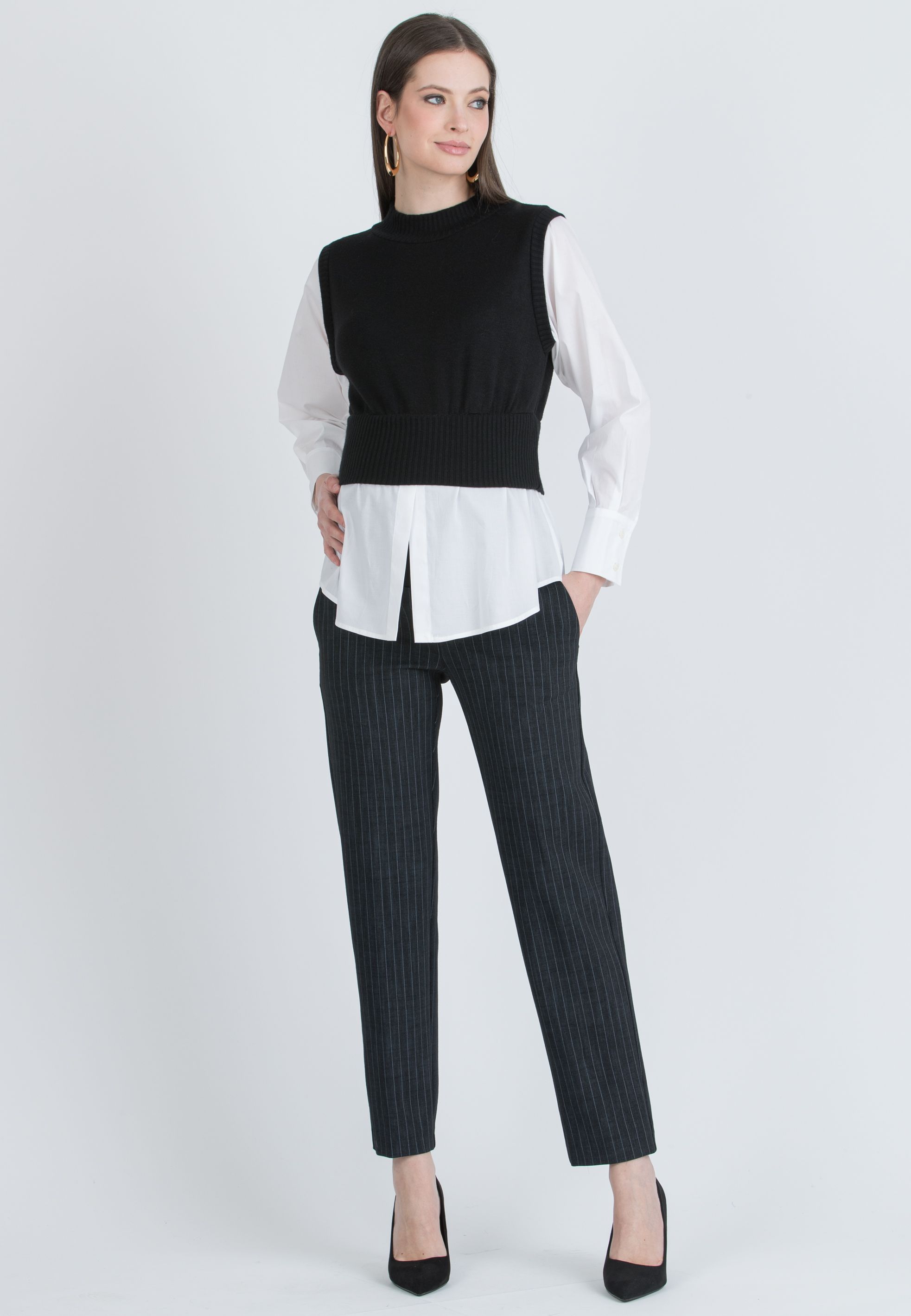KENDALL M - Maglia Premaman con Gilet e Finta Camicia (Nero, XS)