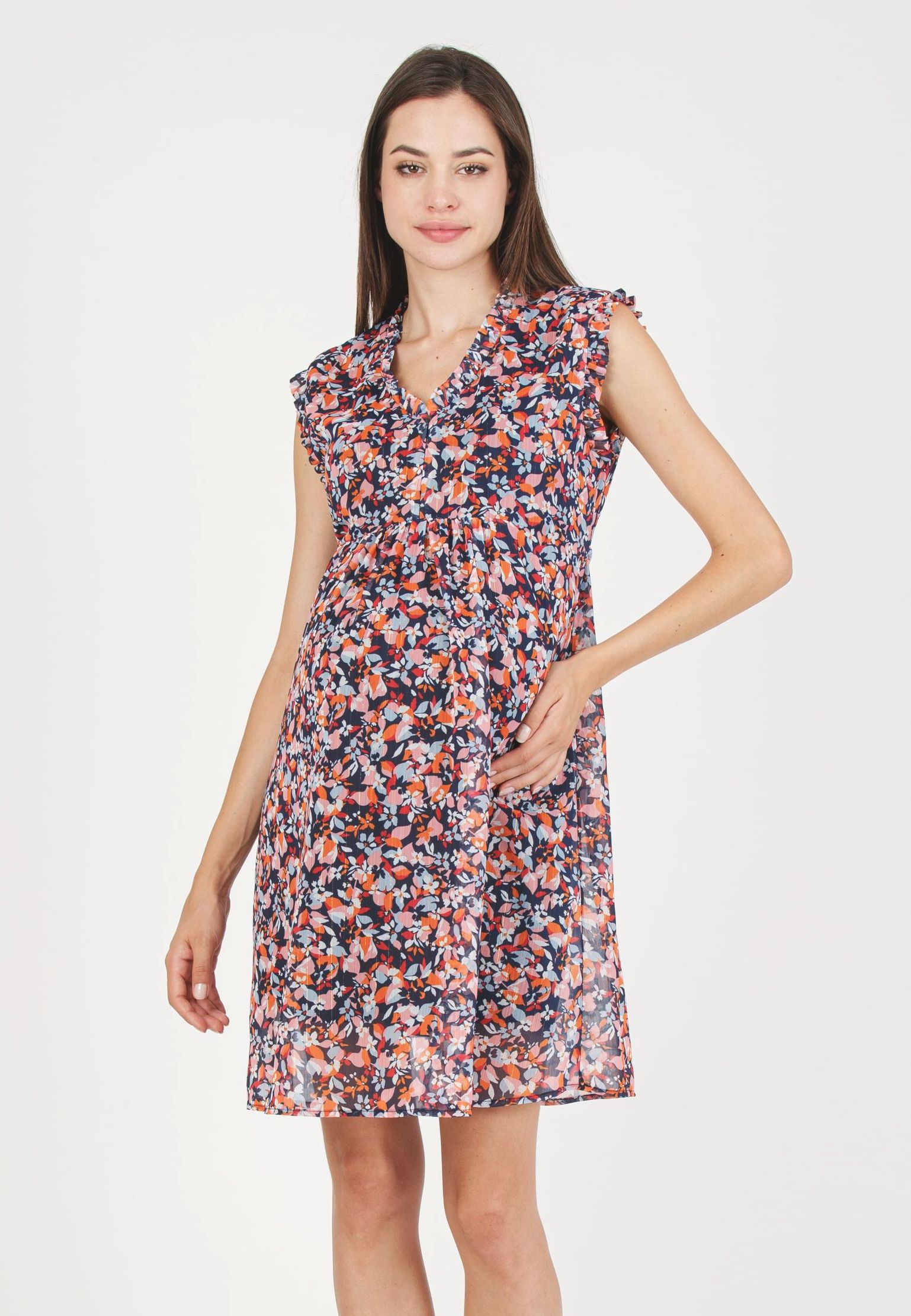 DIANA F - Abito Premaman & Allattamento con Ruches in Chiffon Stampato con Fili di Lurex (Blu, XS)