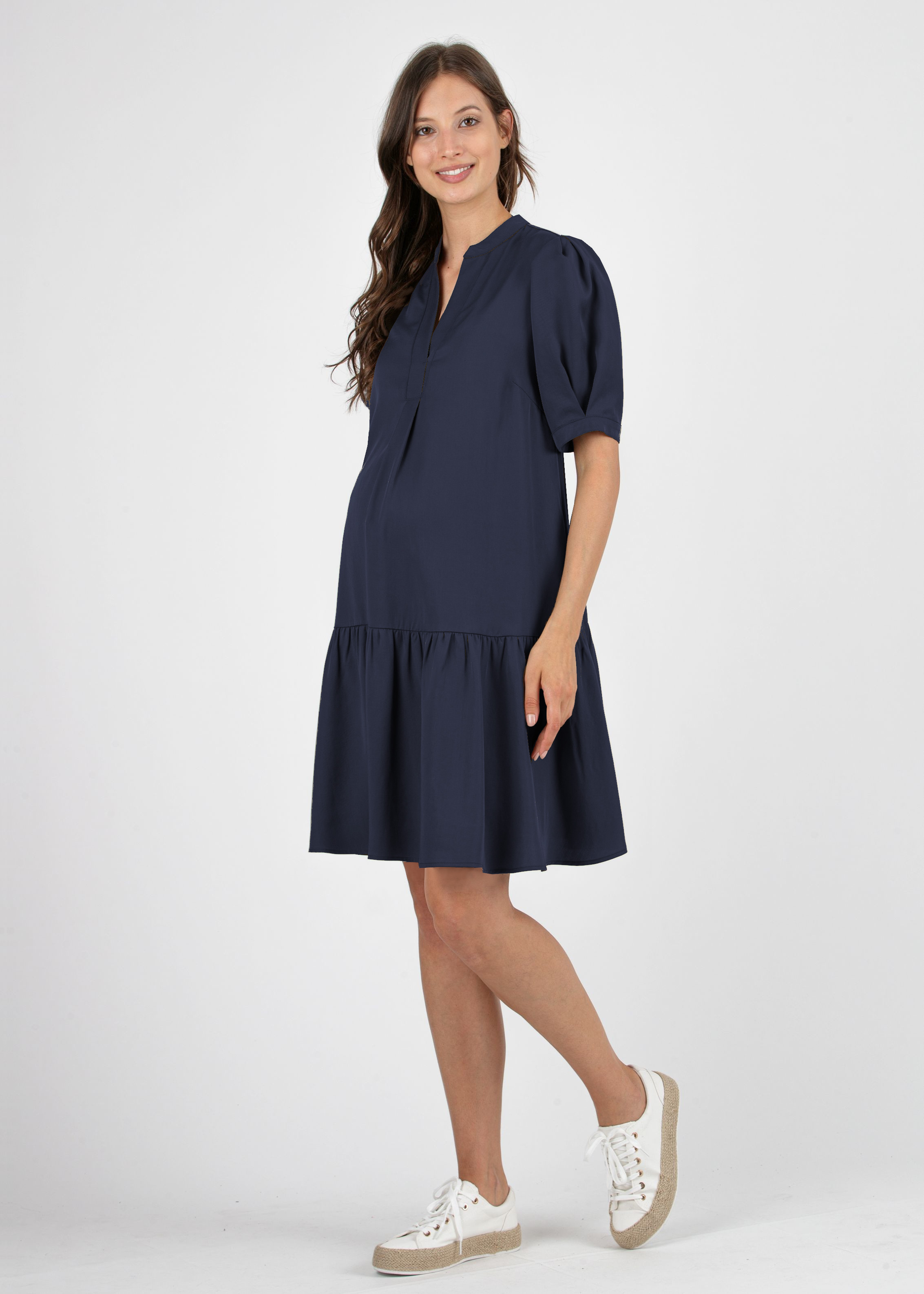 Abito Premaman in Viscosa con Manica a Petalo e Balza (Blu, XS)