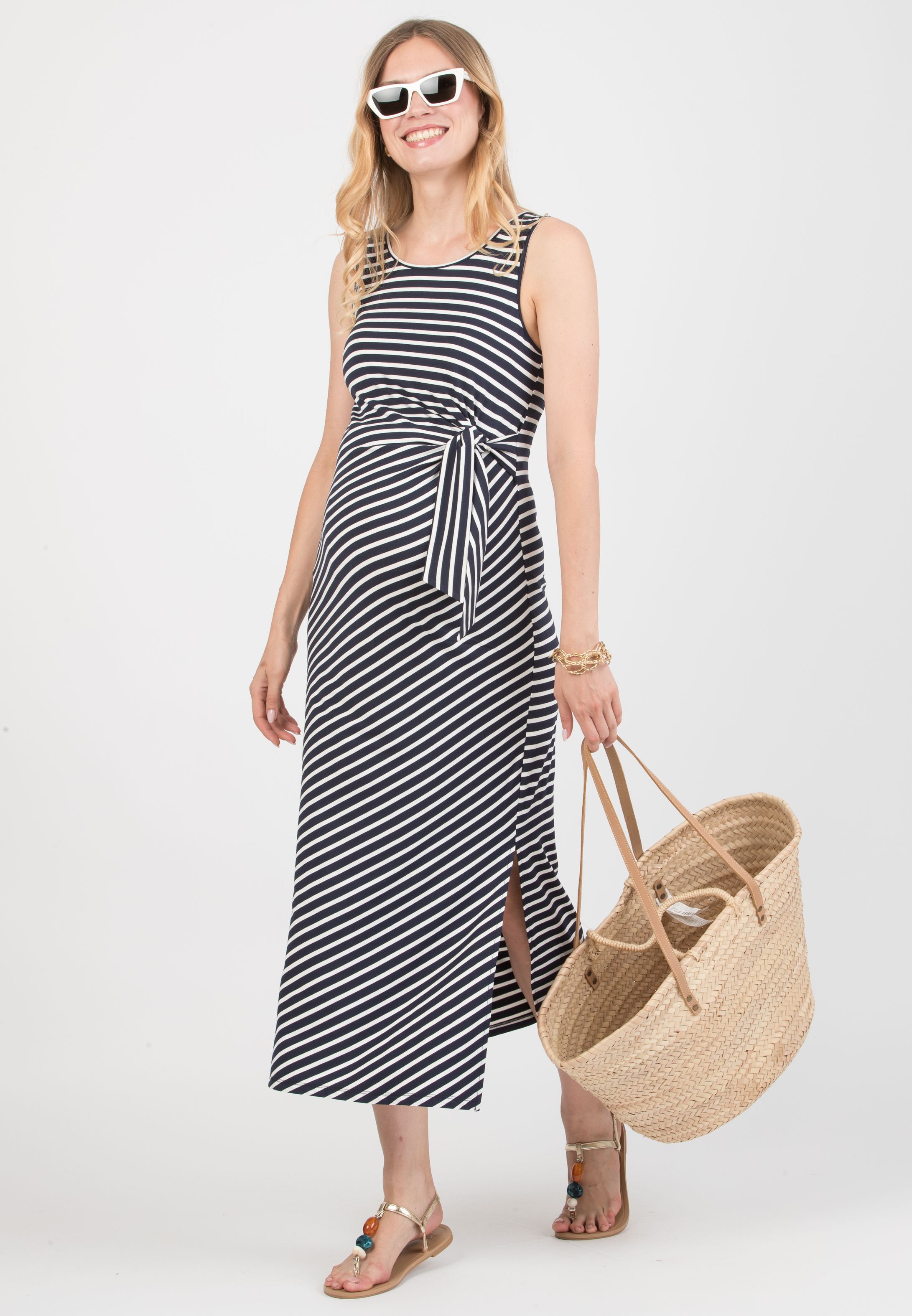 KAREN R - Abito Premaman a Righe con Nodo Laterale (Blu Scuro, XS)