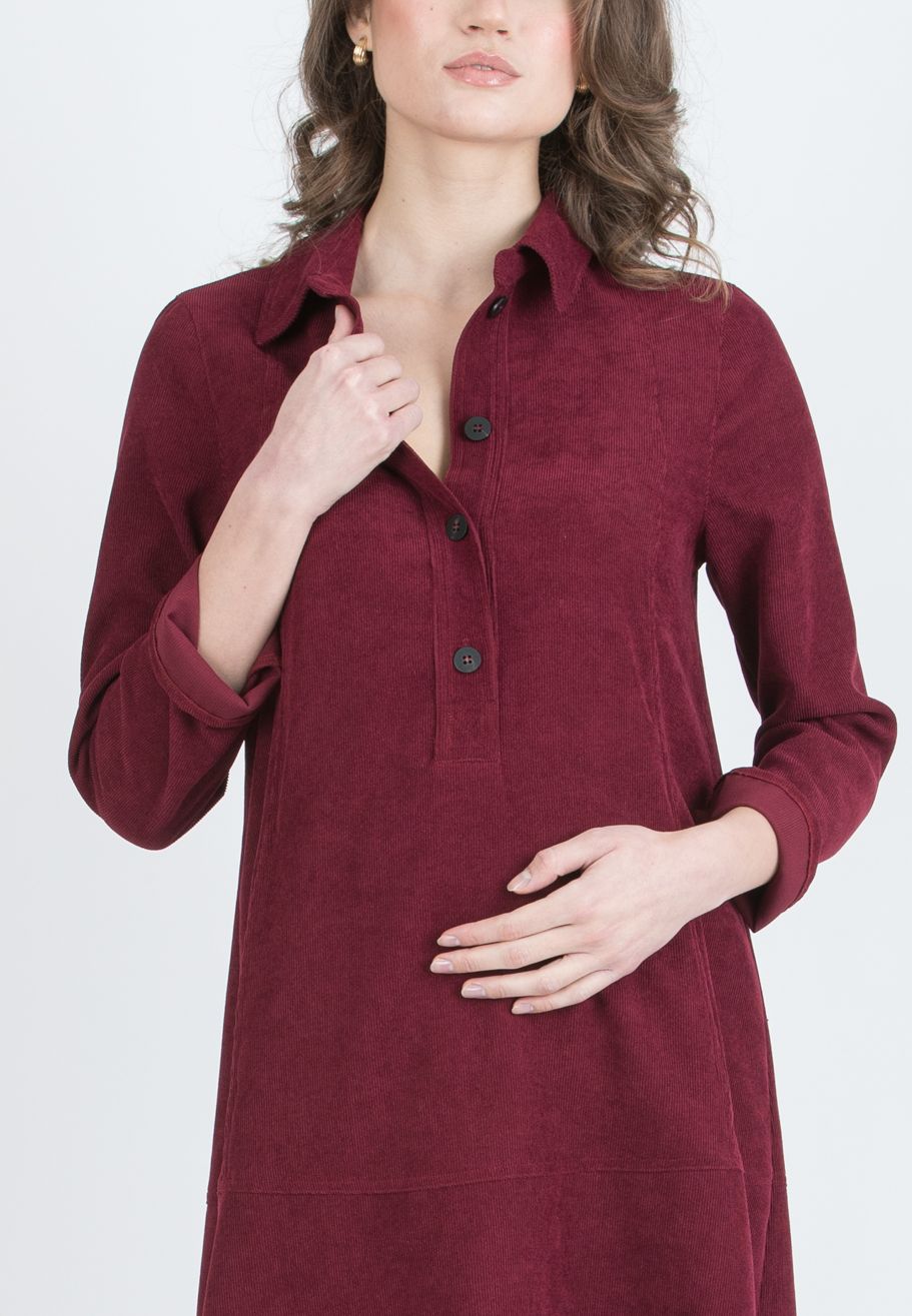 GRETA – Corduroy Maternity & Nursing Shirtdress (Bordeaux)