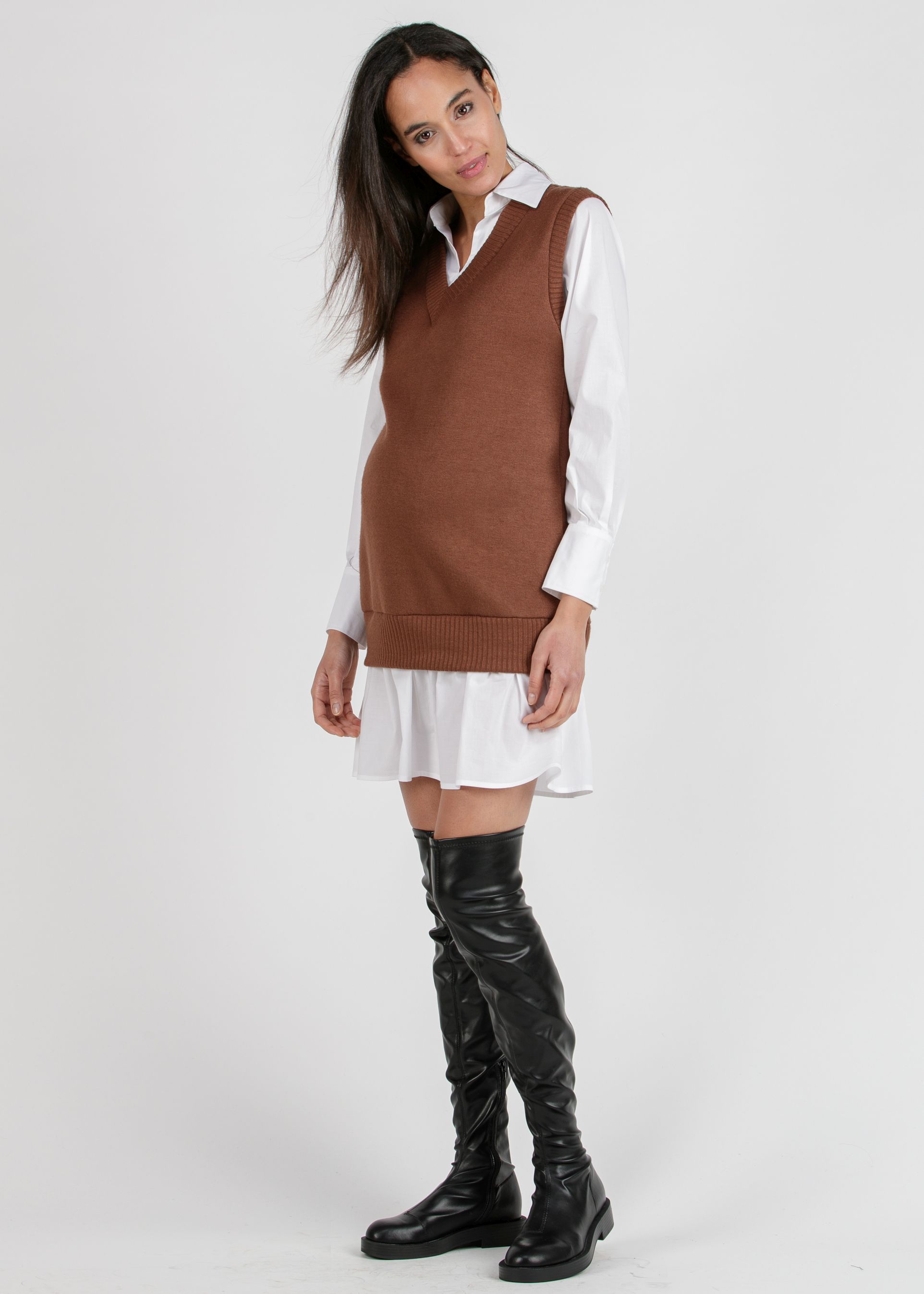 KENDALL - Maternity Dress with Vest and Faux Shirt (Caramello)