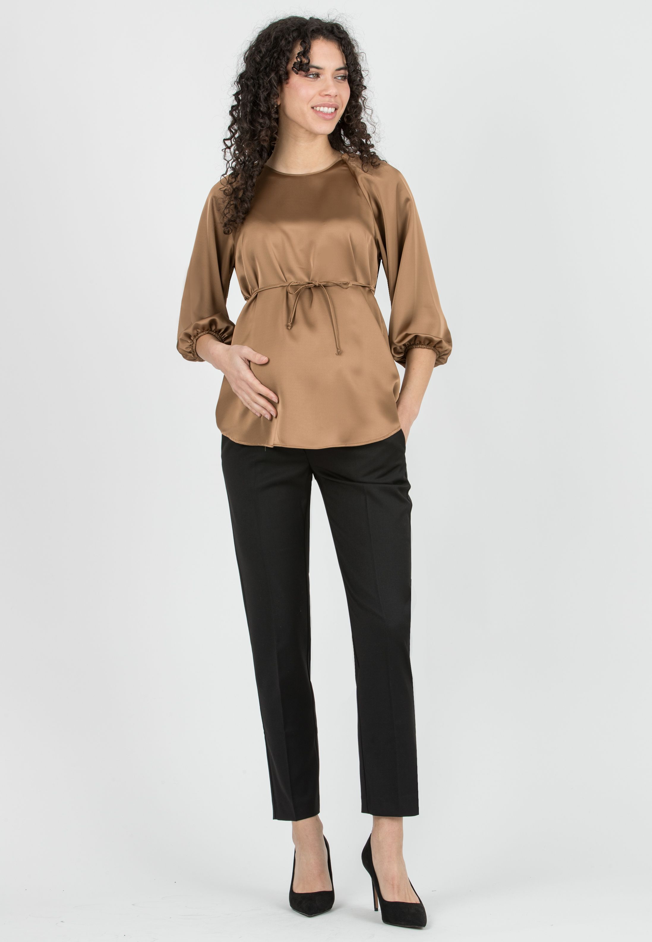 ALISSA - Satin Maternity Blouse with Raglan Sleeves (Cuoio)