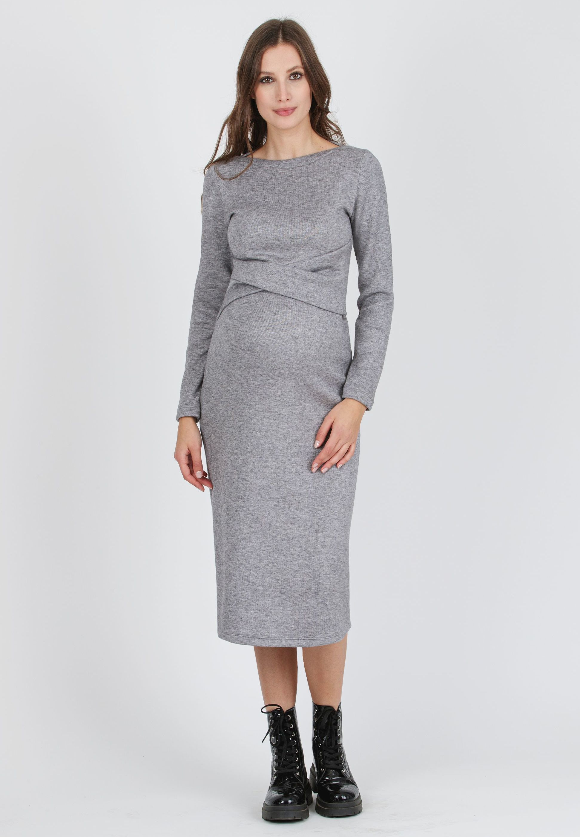 AMELIA - Maternity Midi Knit Dress with Waistband (Heather Grey, XS)