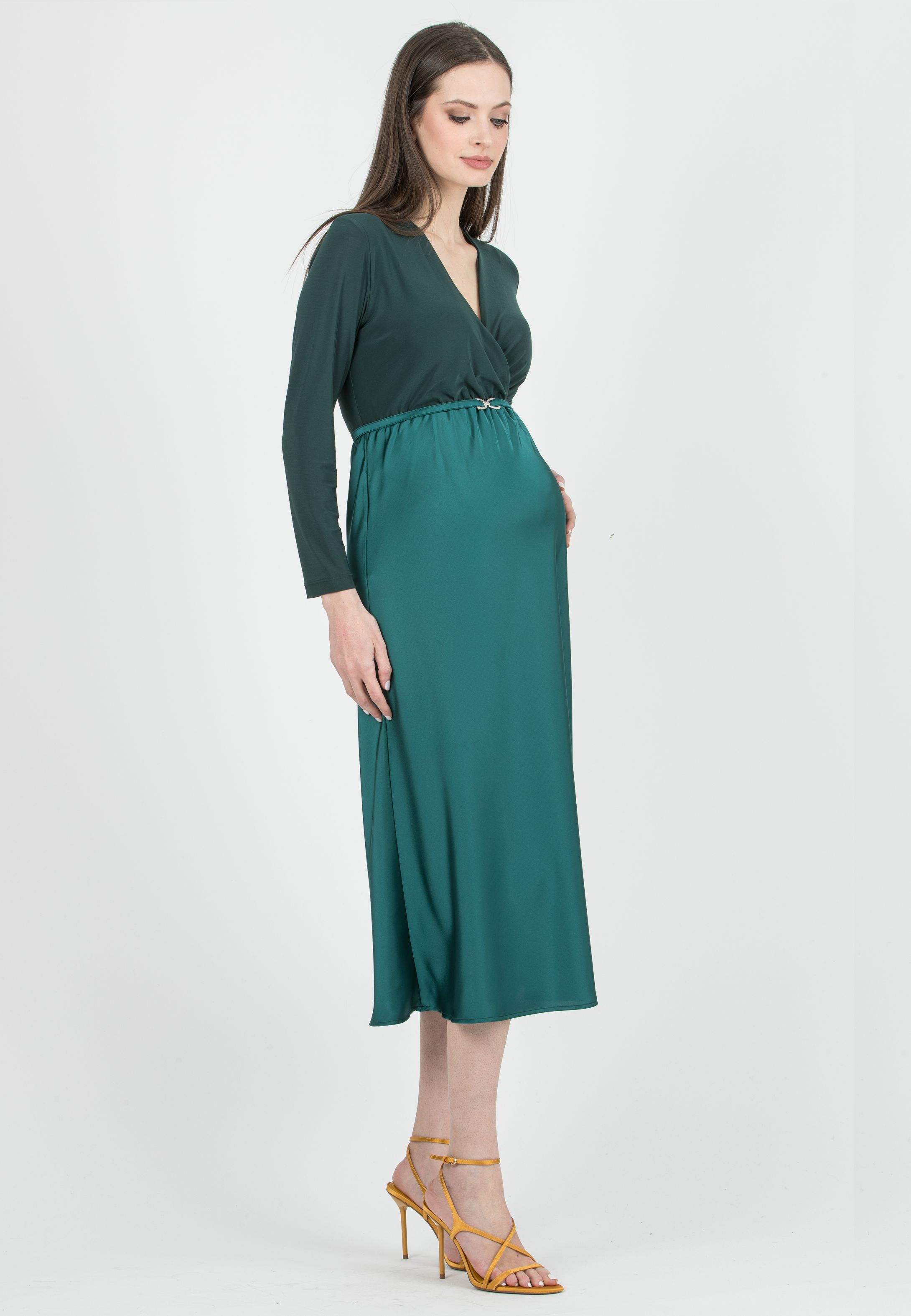 DILETTA M/L - Maternity & Nursing Dress with Crossover Bodice and Satin Skirt (Smeraldo)