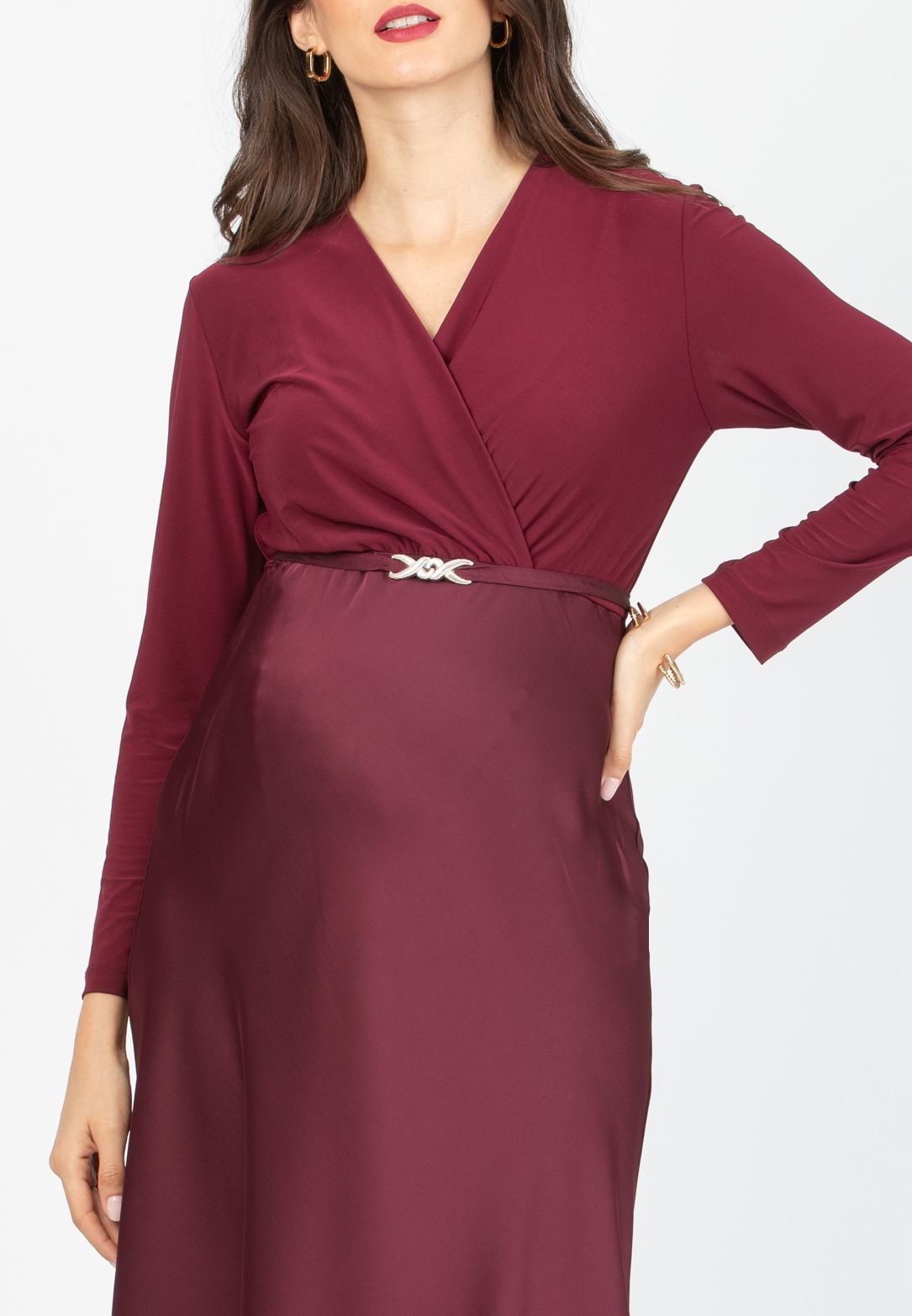 DILETTA M/L - Maternity & Nursing Dress with Crossover Bodice and Satin Skirt (Bordeaux)
