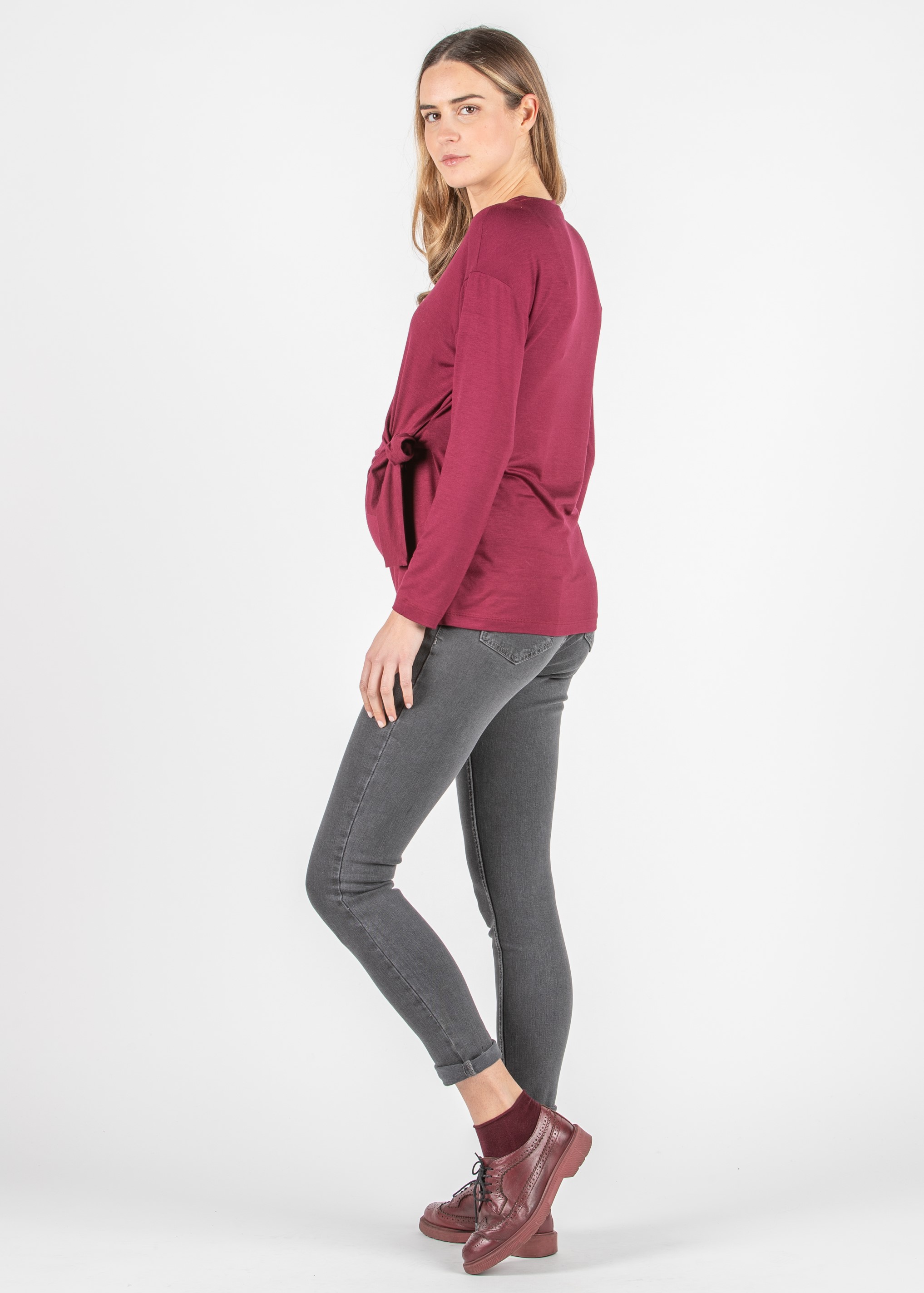 Long Sleeve Maternity Top in Jersey with Knot on Side (Plum, XS)