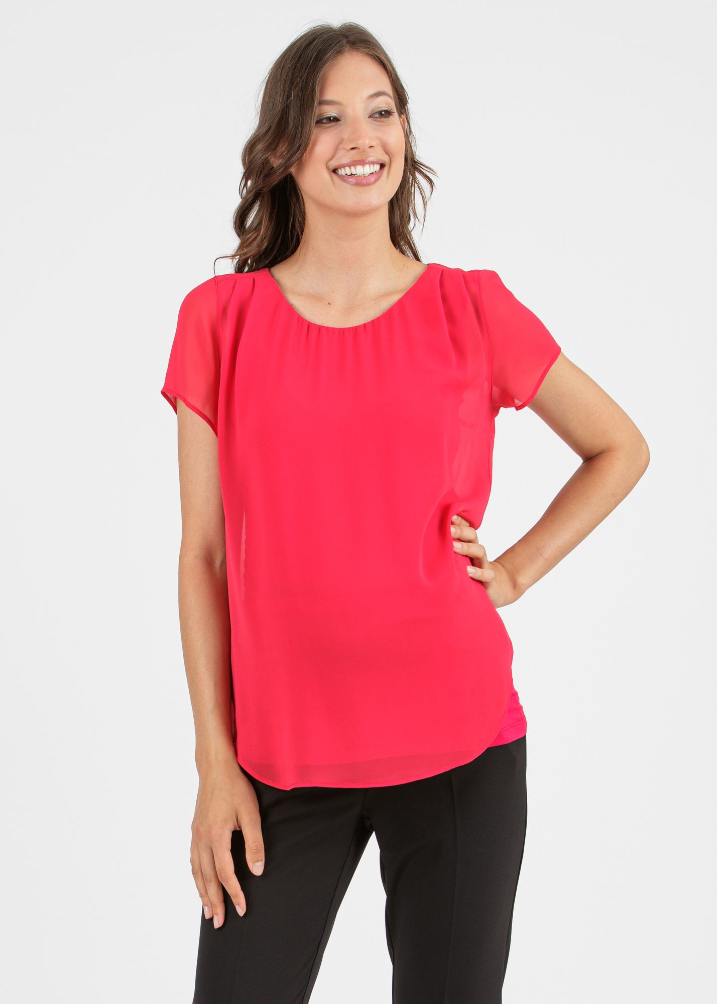 LAURA - Double Layer Maternity T-Shirt in Chiffon and Jersey (Red, XS)