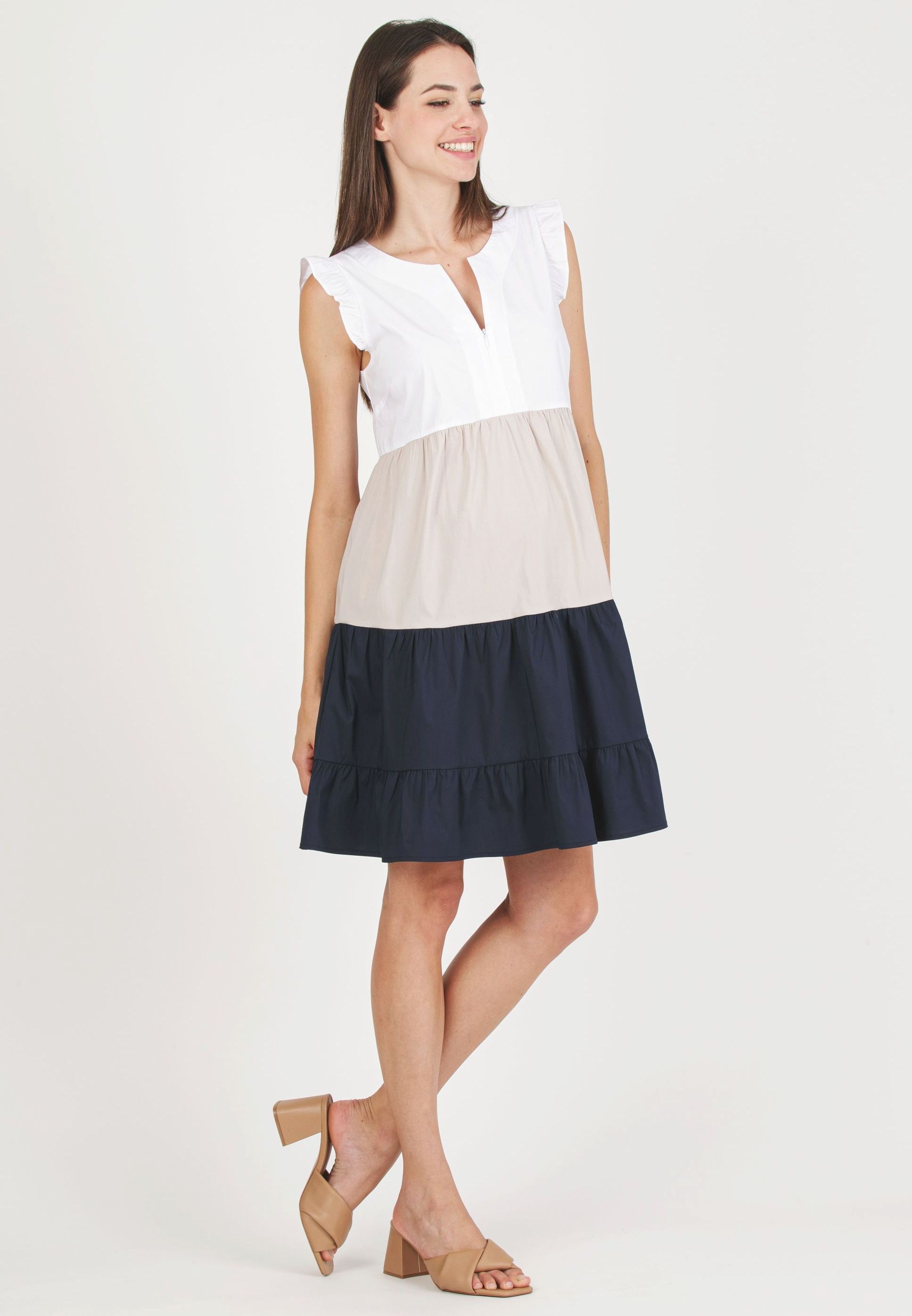 CHIARA - Abito Premaman & Allattamento in Cotone a Tre Colori con Balze (Blu, XS)