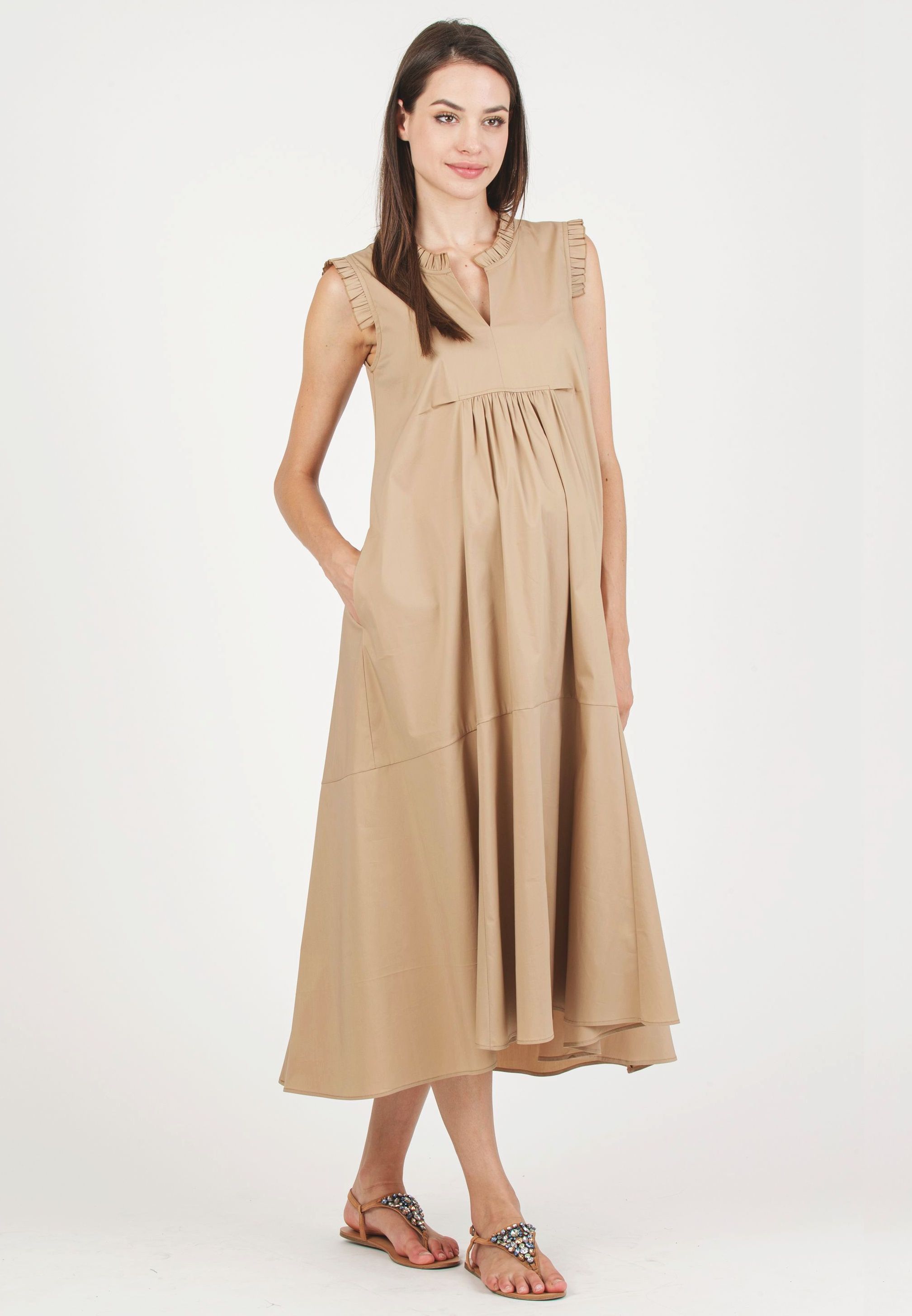 SOFIA MIDI - Maternity Midi Dress in Cotton Poplin with Ruffles (Camel, XS)