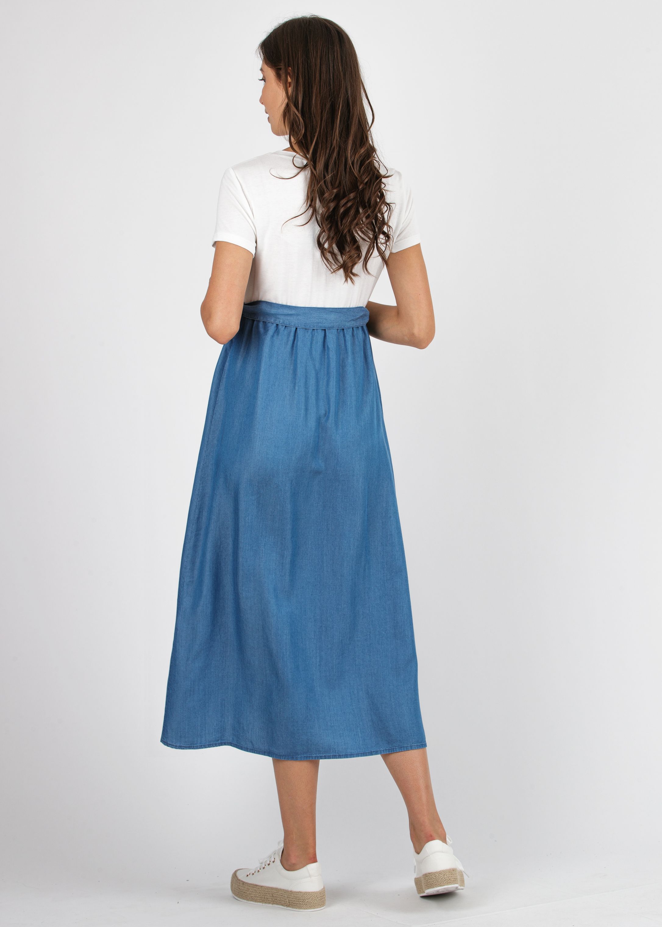 Midi Maternity Dress with Wraparound Skirt in Tencel (Denim , XS)