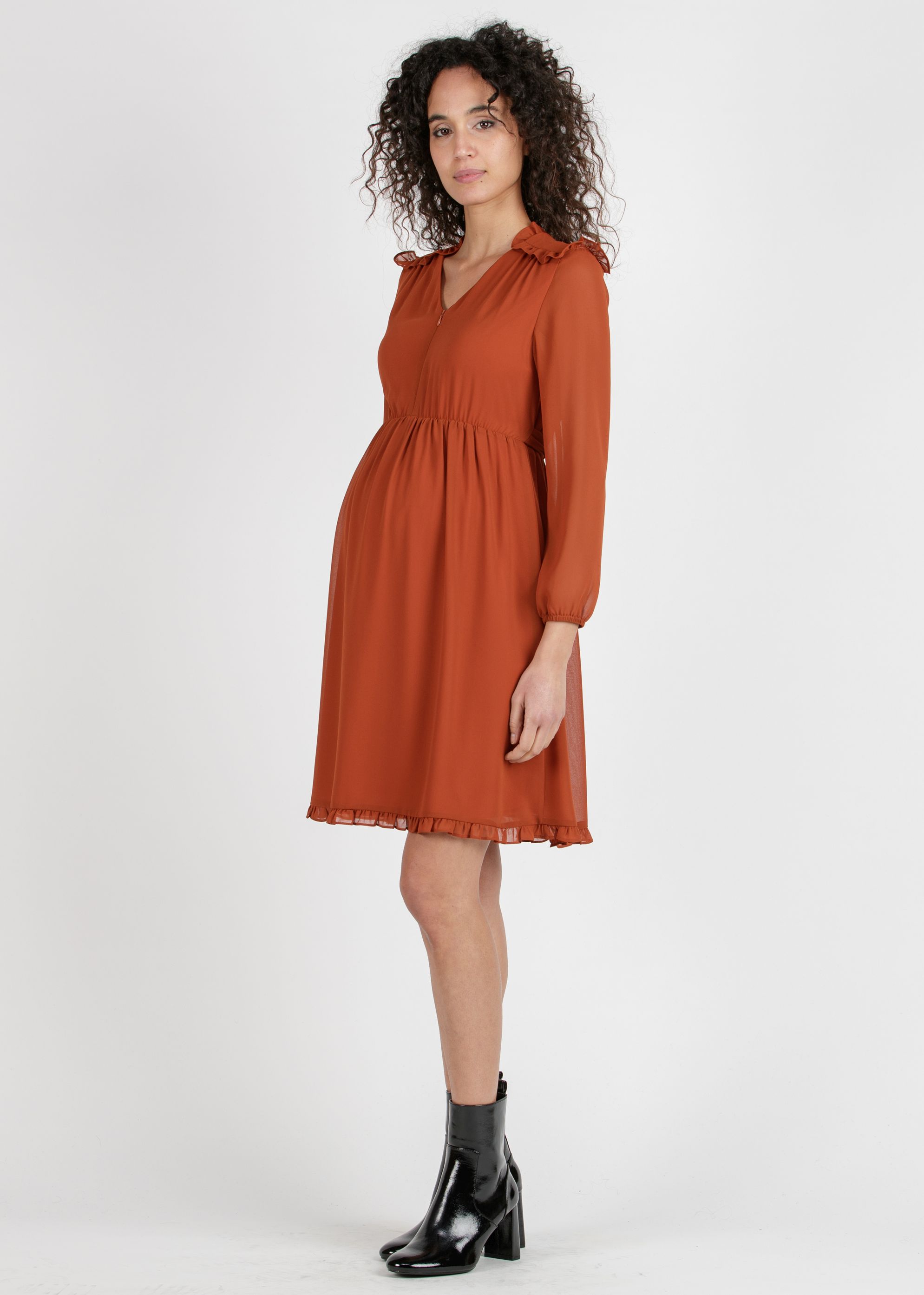 MINDY - Abito Premaman & Allattamento in Chiffon con Spalle Decorate (Coccio, XS)