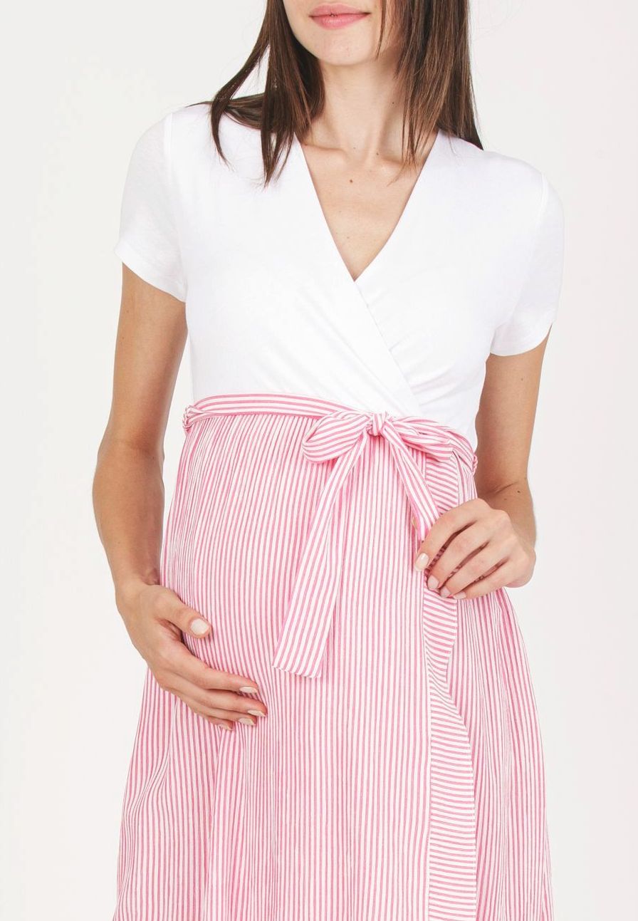 FEDERICA R - Abito Premaman & Allattamento con Corpino Incrociato e Gonna a Righe (Fuxia, XS)