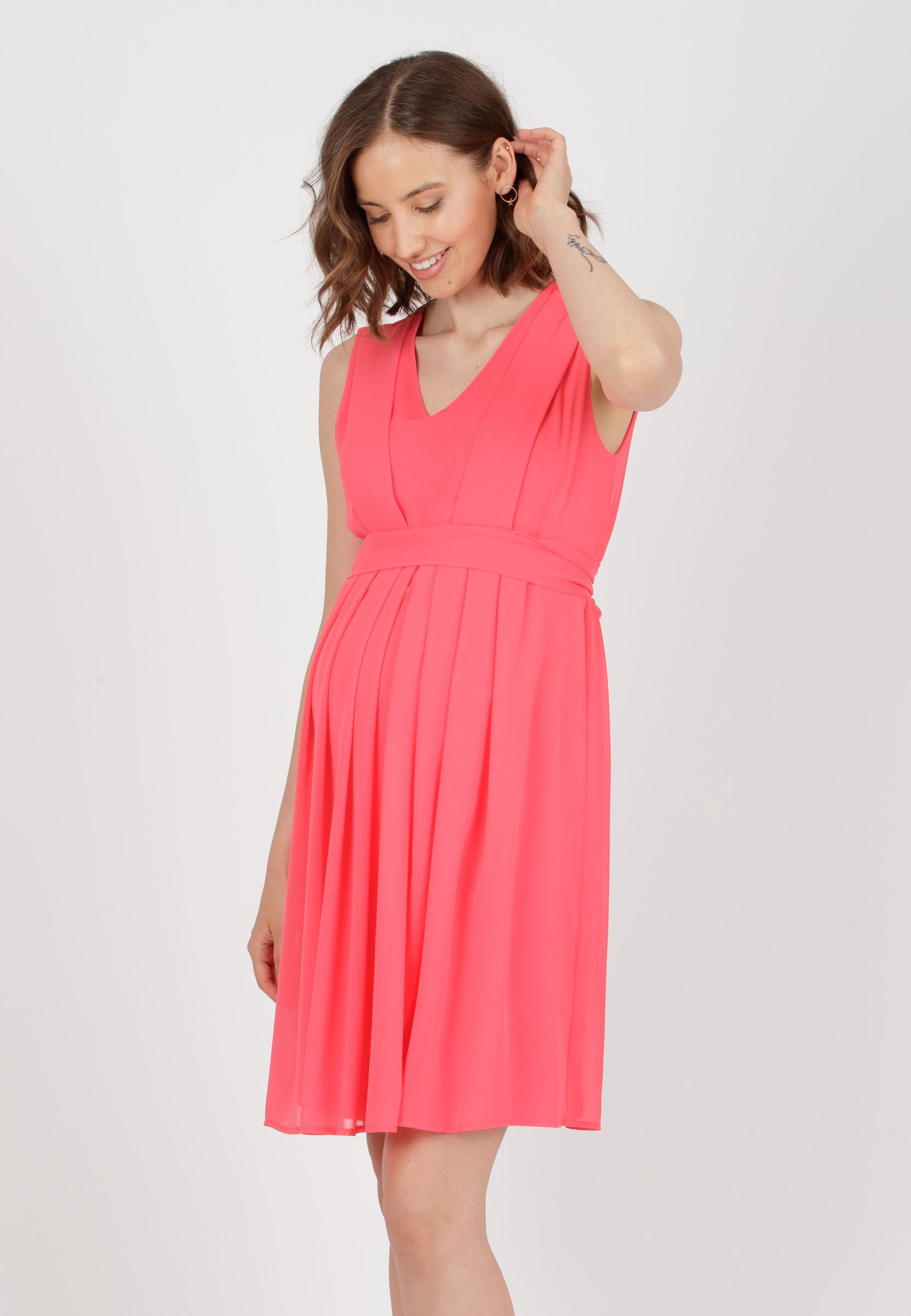 SABRINA - Maternity & Nursing Dress in Chiffon with Pleated Bodice (Coral, XS)