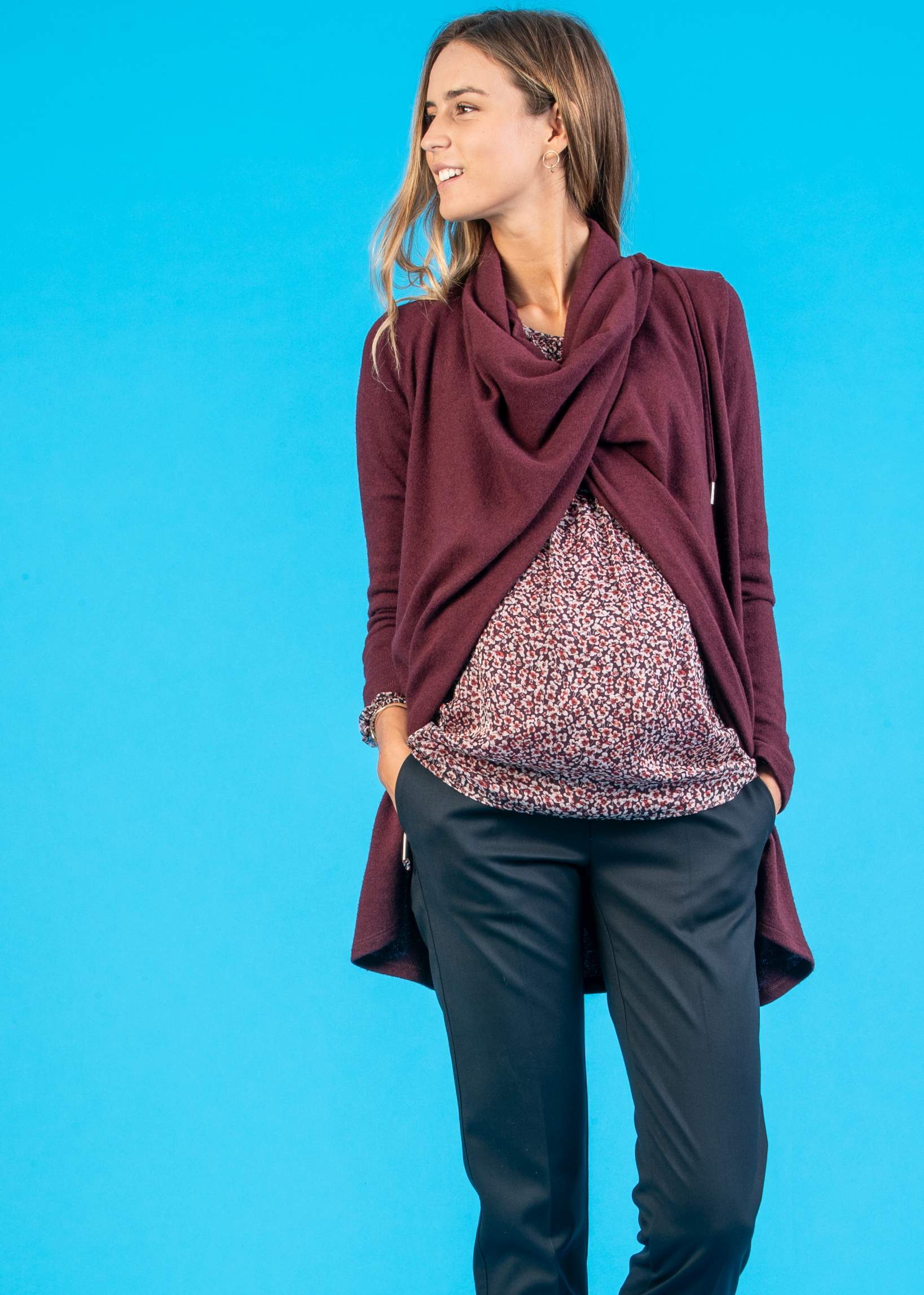 Cowl Neckline Maternity Maxi-Cardigan in Cashmere Blend (Bordeaux, XS)