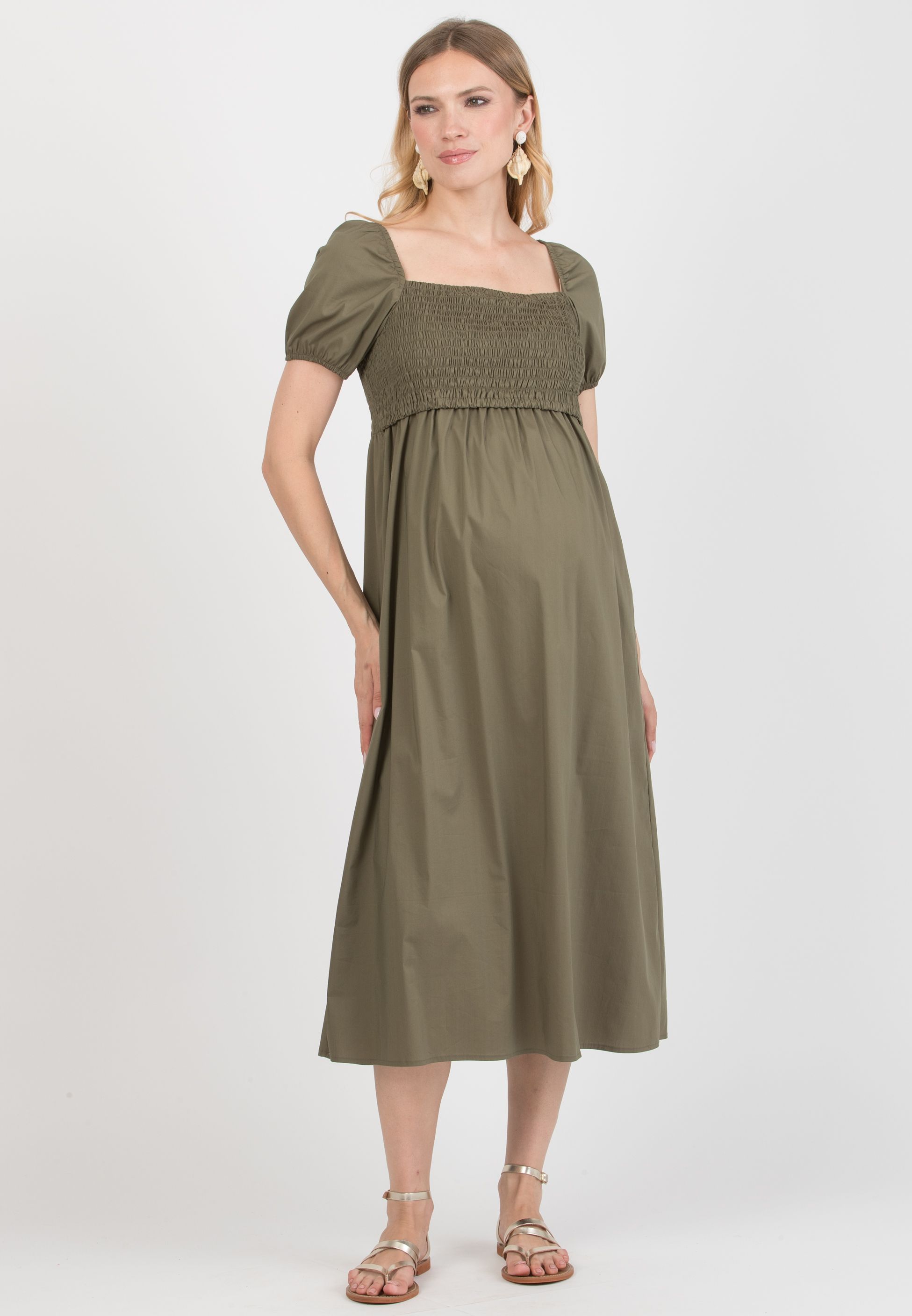 Abito Premaman & Allattamento in Cotone con Corpetto Arricciato (Verde Militare, XS)