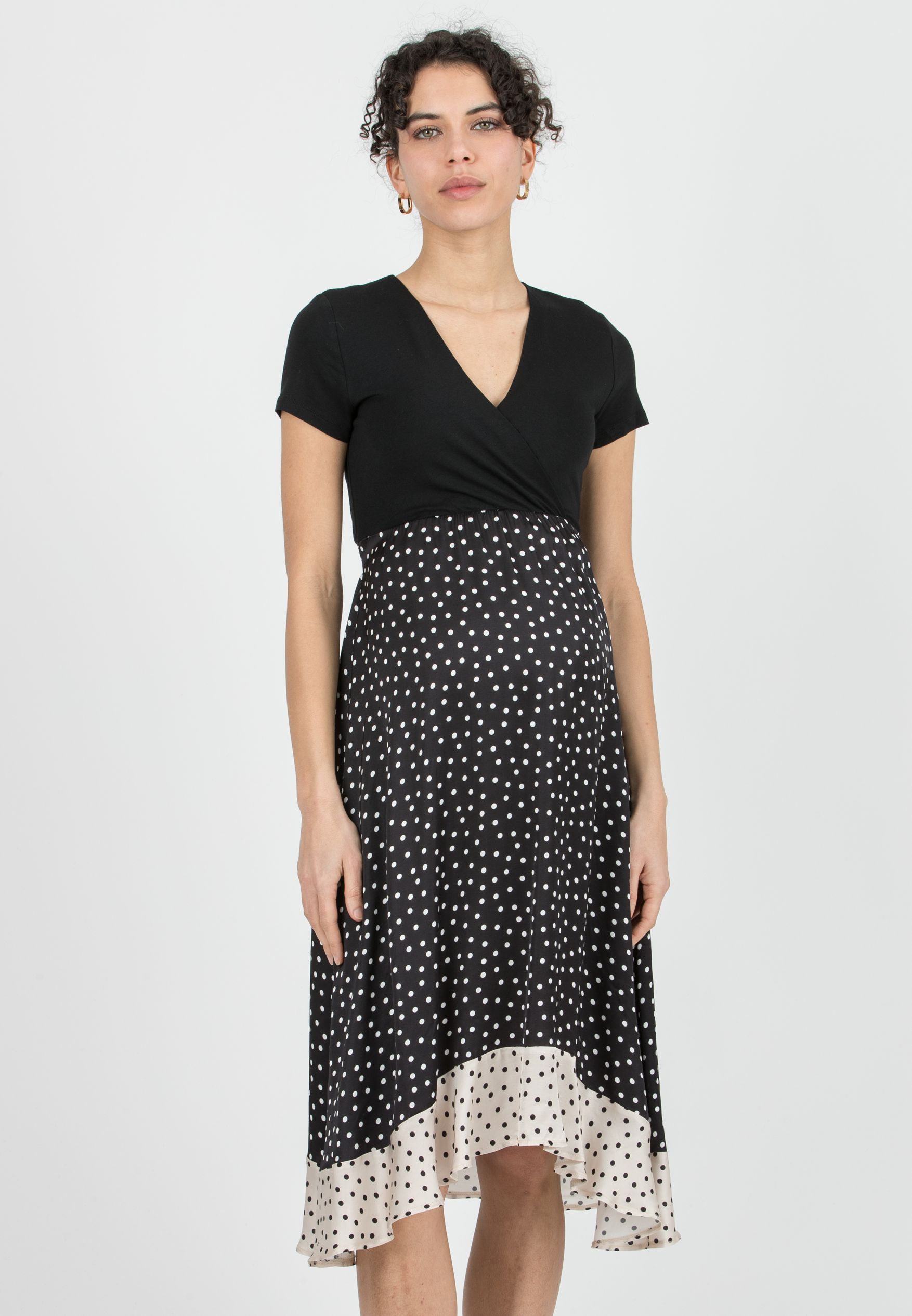 MARTA P - Maternity & Nursing Midi Dress with Polka Dot Skirt and Contrast Hem (Nero)