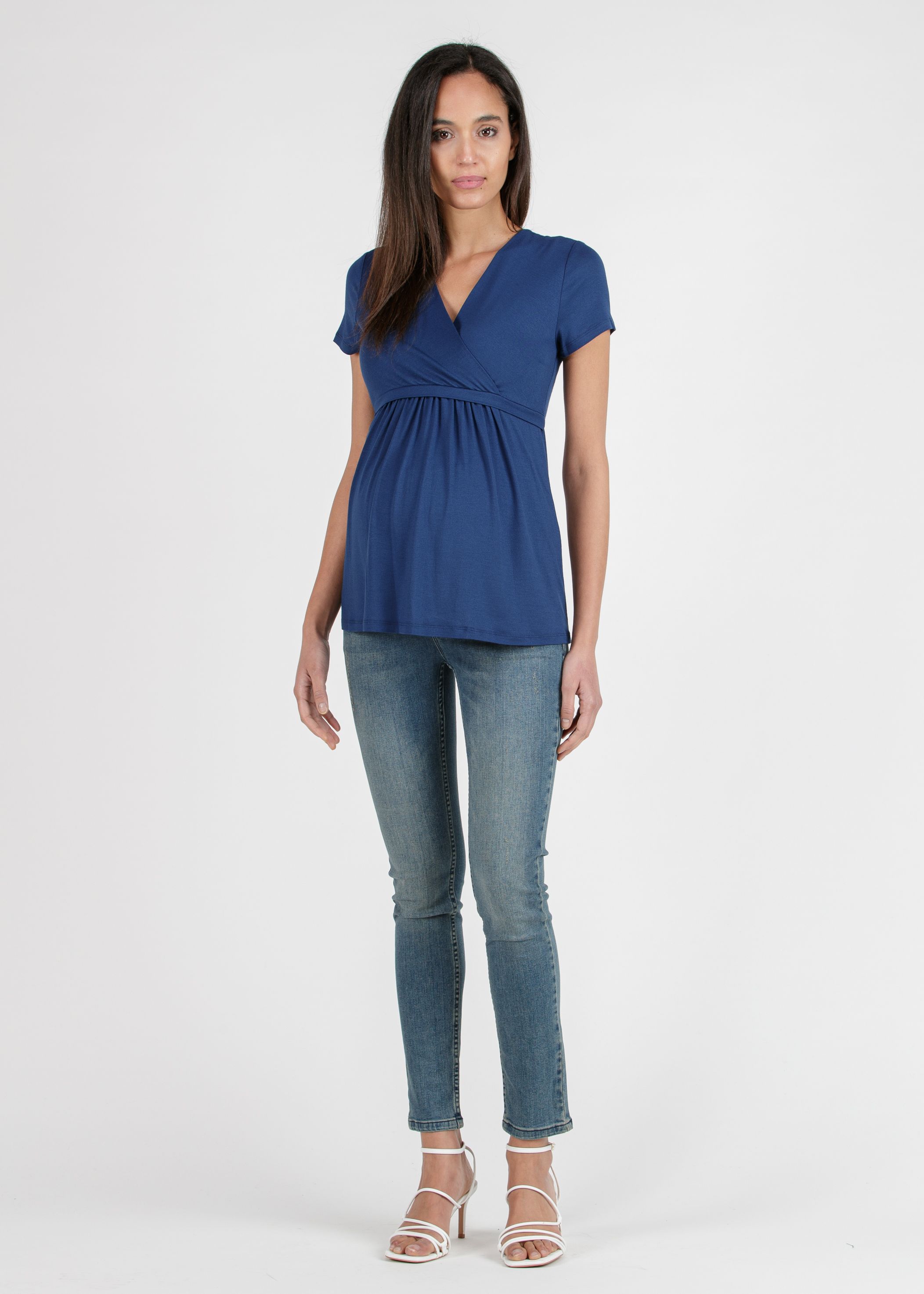 MARGHERITA - Maternity and Nursing Crossover T-shirt with String (Blue, XS)