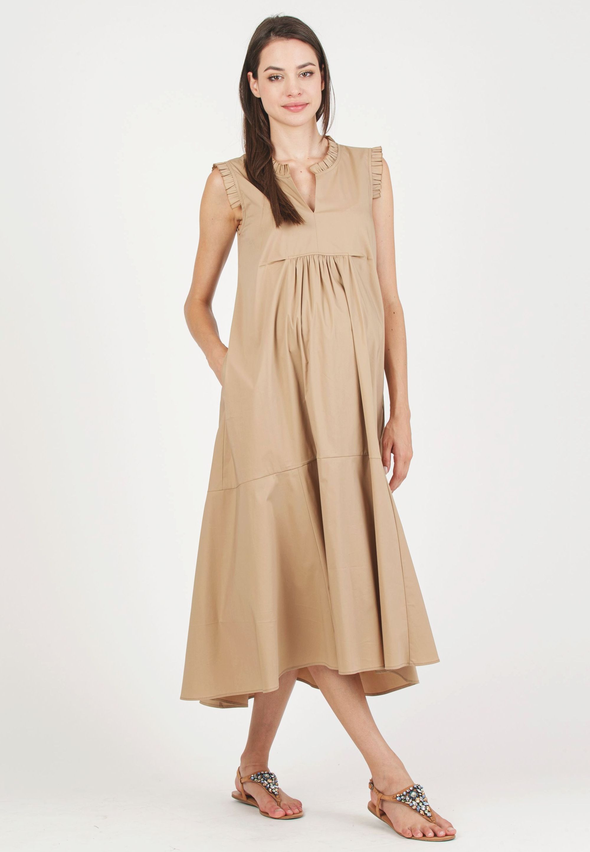 SOFIA MIDI - Maternity Midi Dress in Cotton Poplin with Ruffles (Camel, XS)