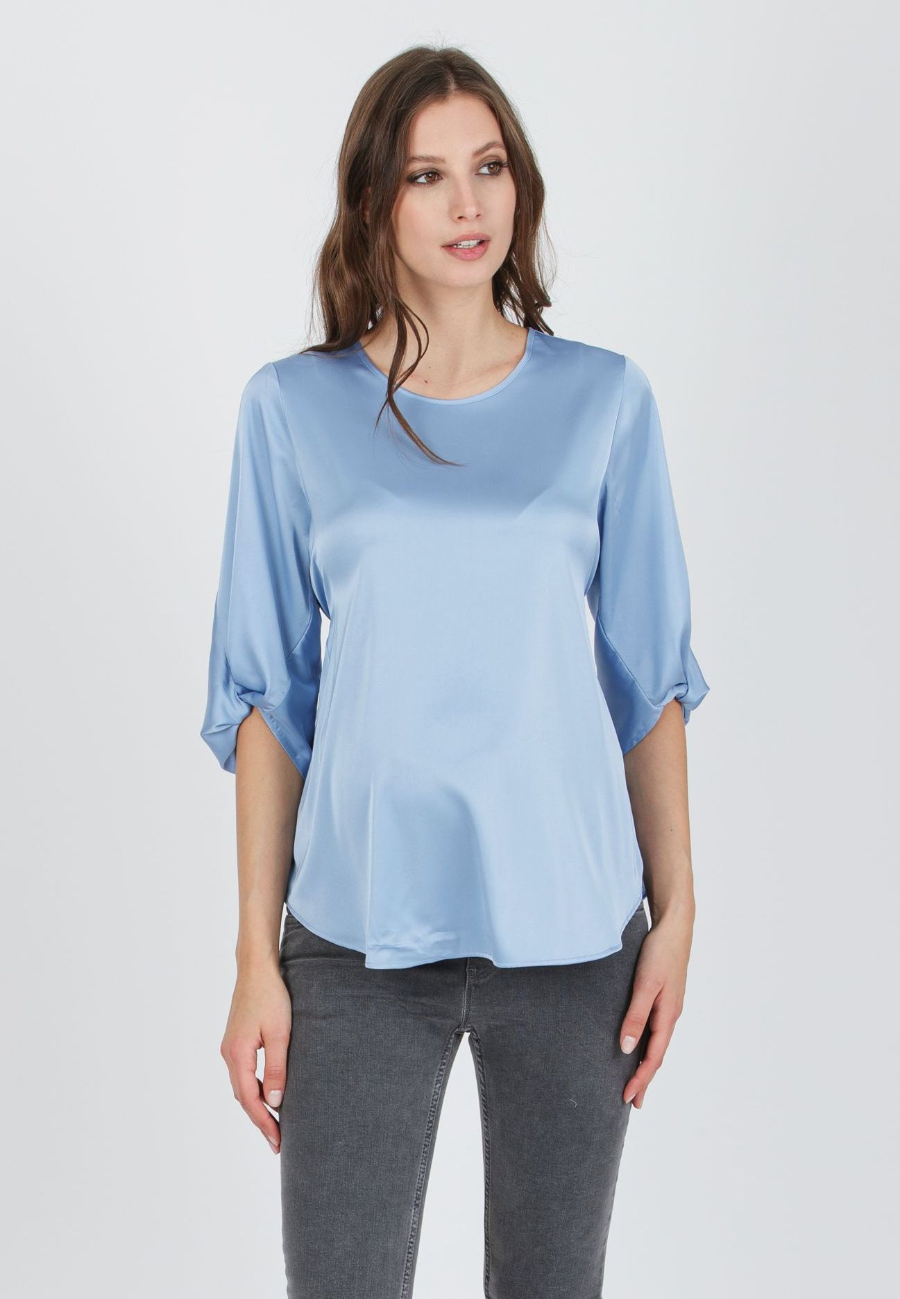 SYDNEY - Blusa Premaman in Raso con Nodo sul Fondo della Manica (Azzurro)