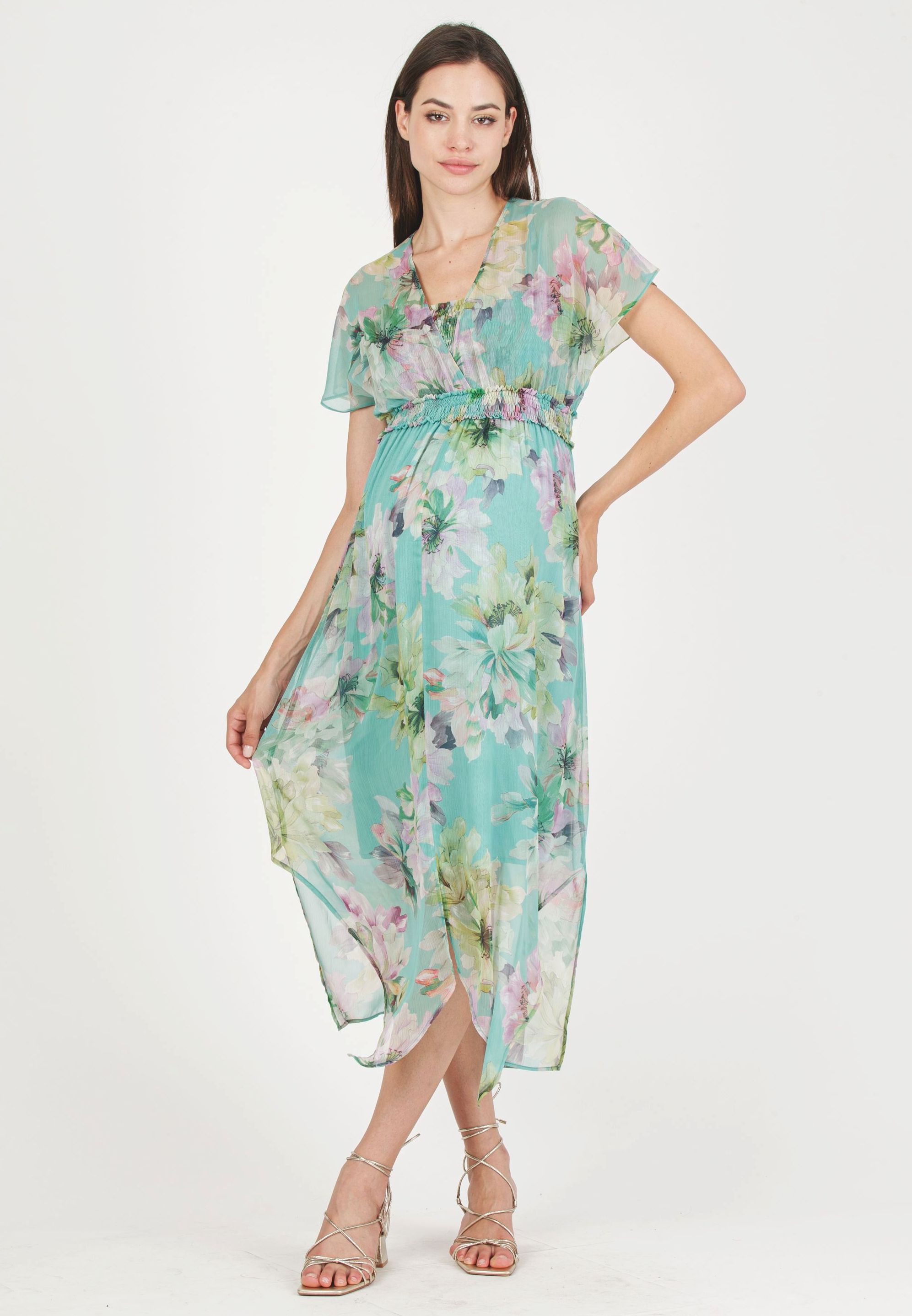 HOLLY - Maternity & Nursing Dress with Crossed Neckline and Asymmetric Hem (Aqua, XS)