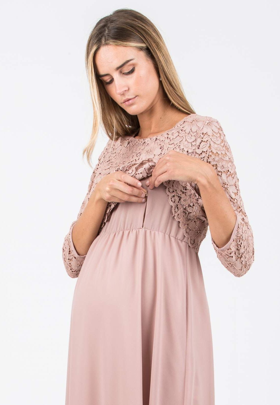 ELEONORA - Lace and Chiffon Maternity & Nursing Dress (Cipria)