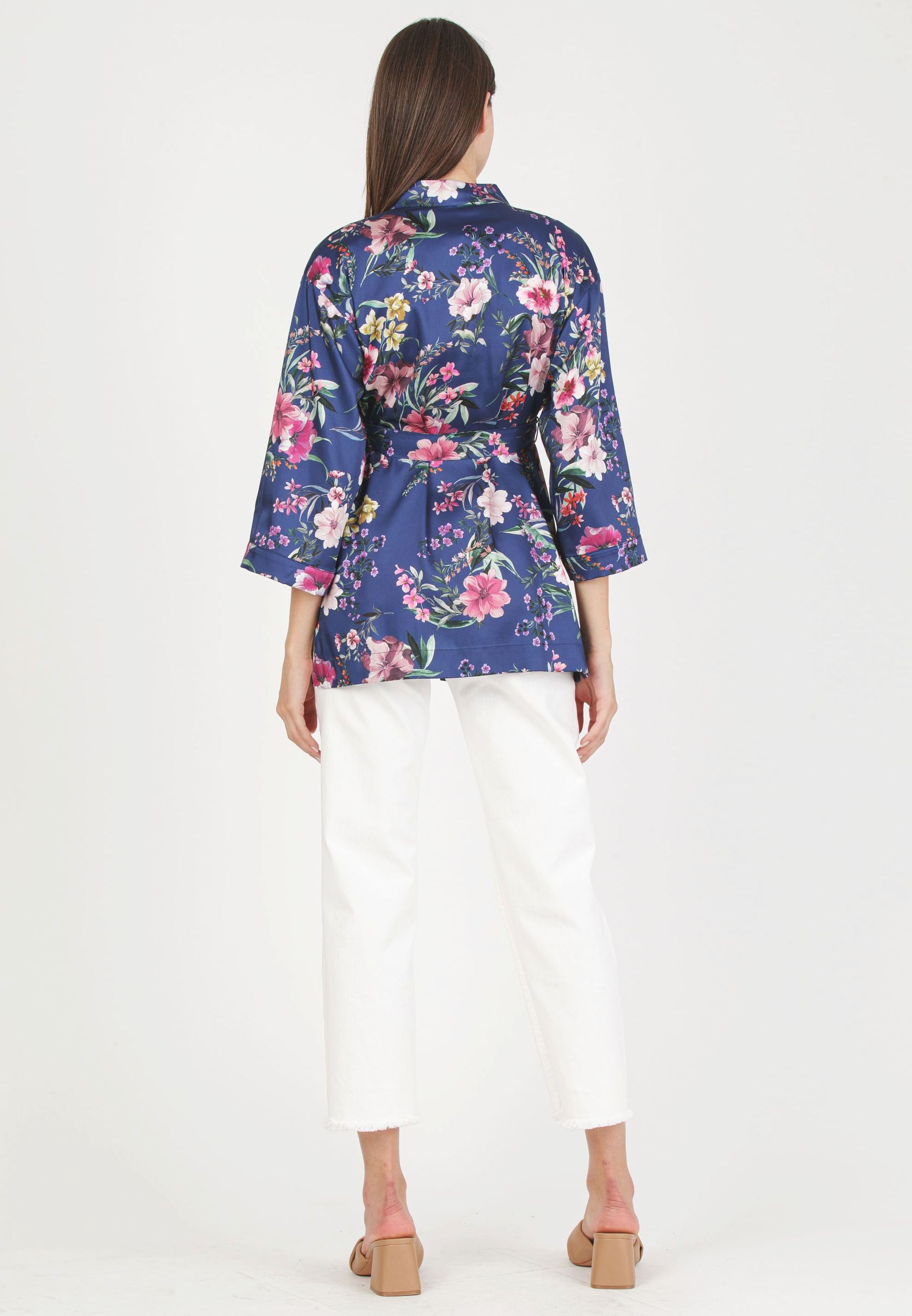 DALIA F - Maternity Kimono in Printed Satin (Blu)