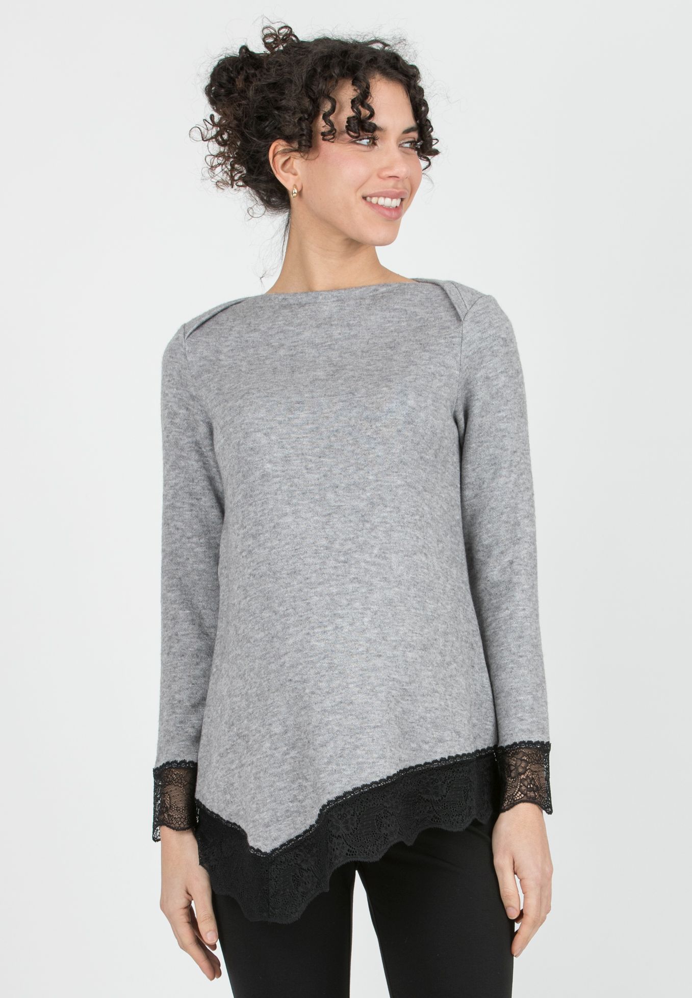 ERIKA - Asymmetric Maternity Top with Lace Details (Grigio Melange)
