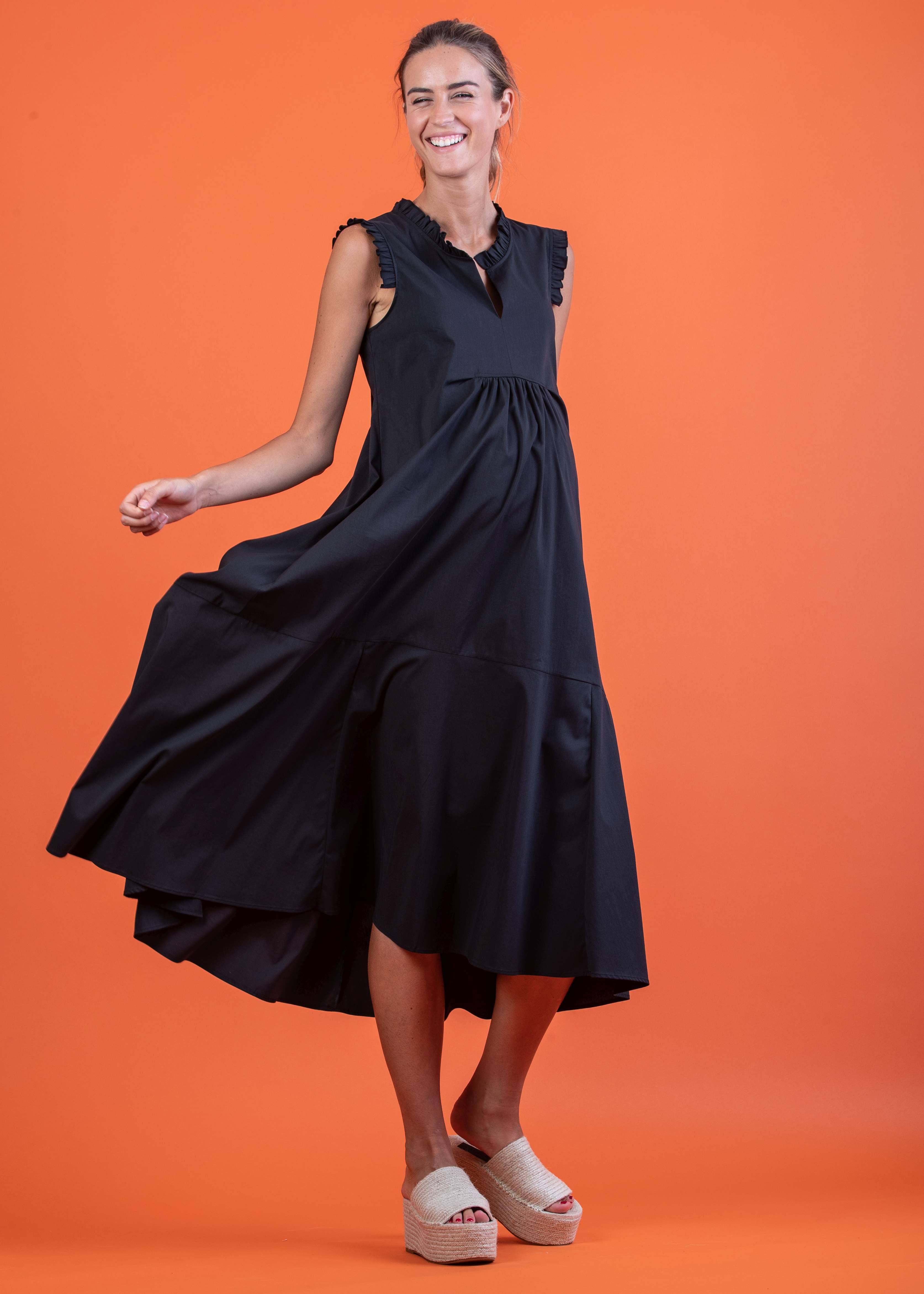 SOFIA MIDI - Abito Midi Premaman in Popeline di Cotone con Rouches (Nero, XS)