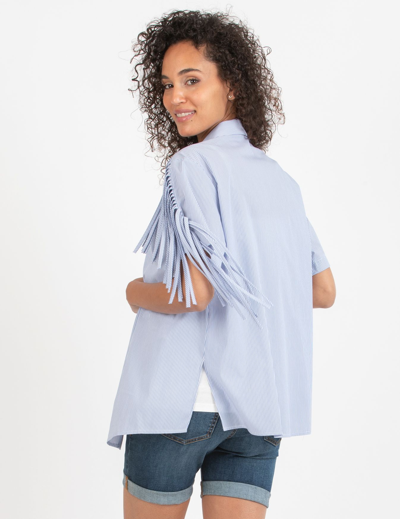 FRANCY - Maternity & Nursing Shirt with Fringes (Blue, XS)