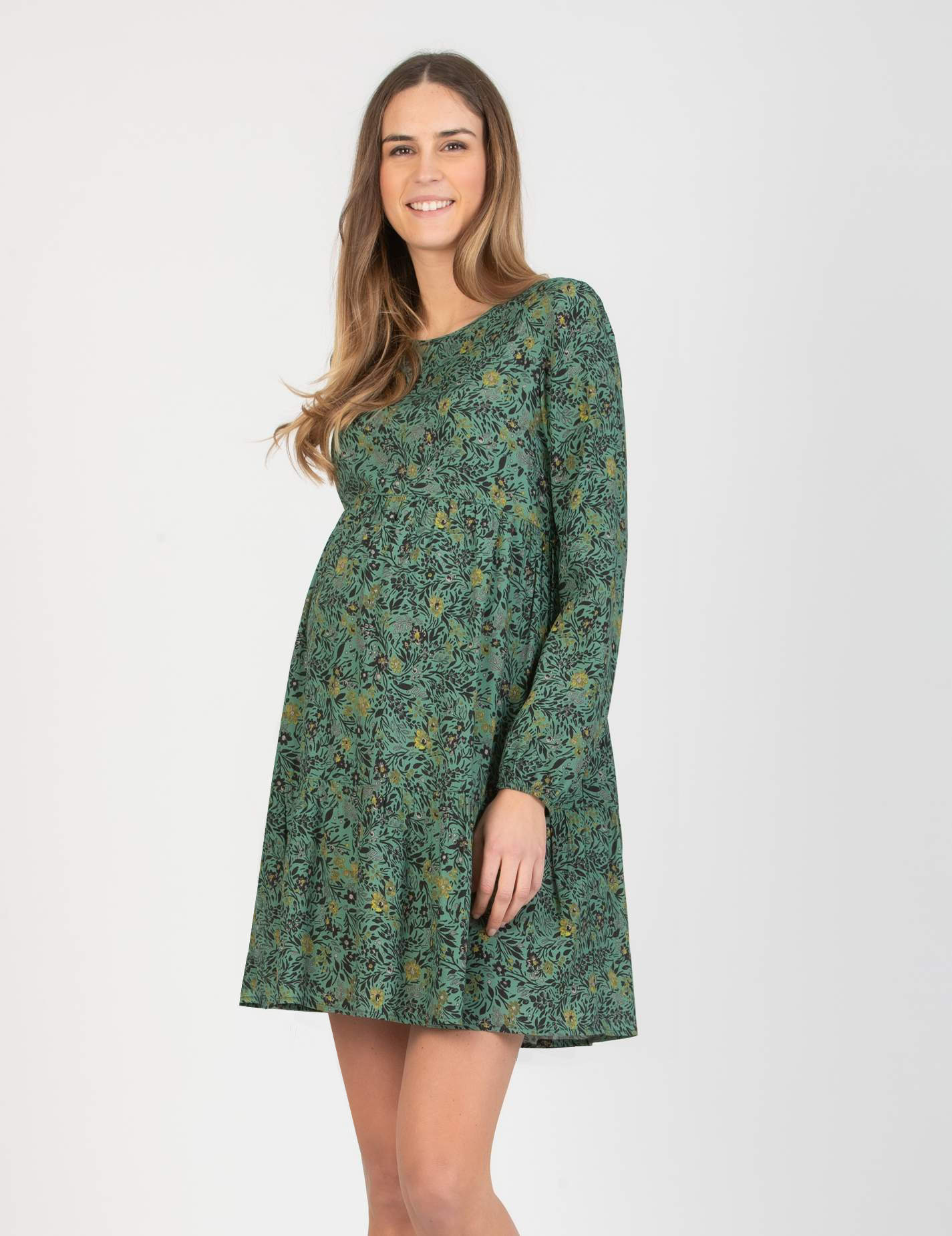 Abito Premaman con Balze e Bottoni sulla Schiena con Stampa Verde a Fiori (Verde, XS)