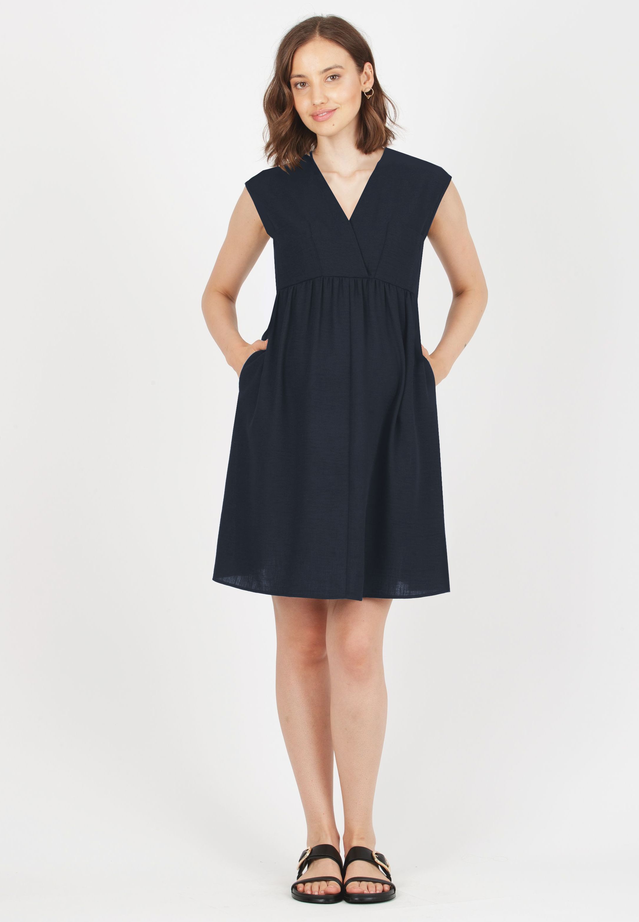 HARPER - Maternity & Nursing Dress with Pockets on Bodice (Blue, XS)