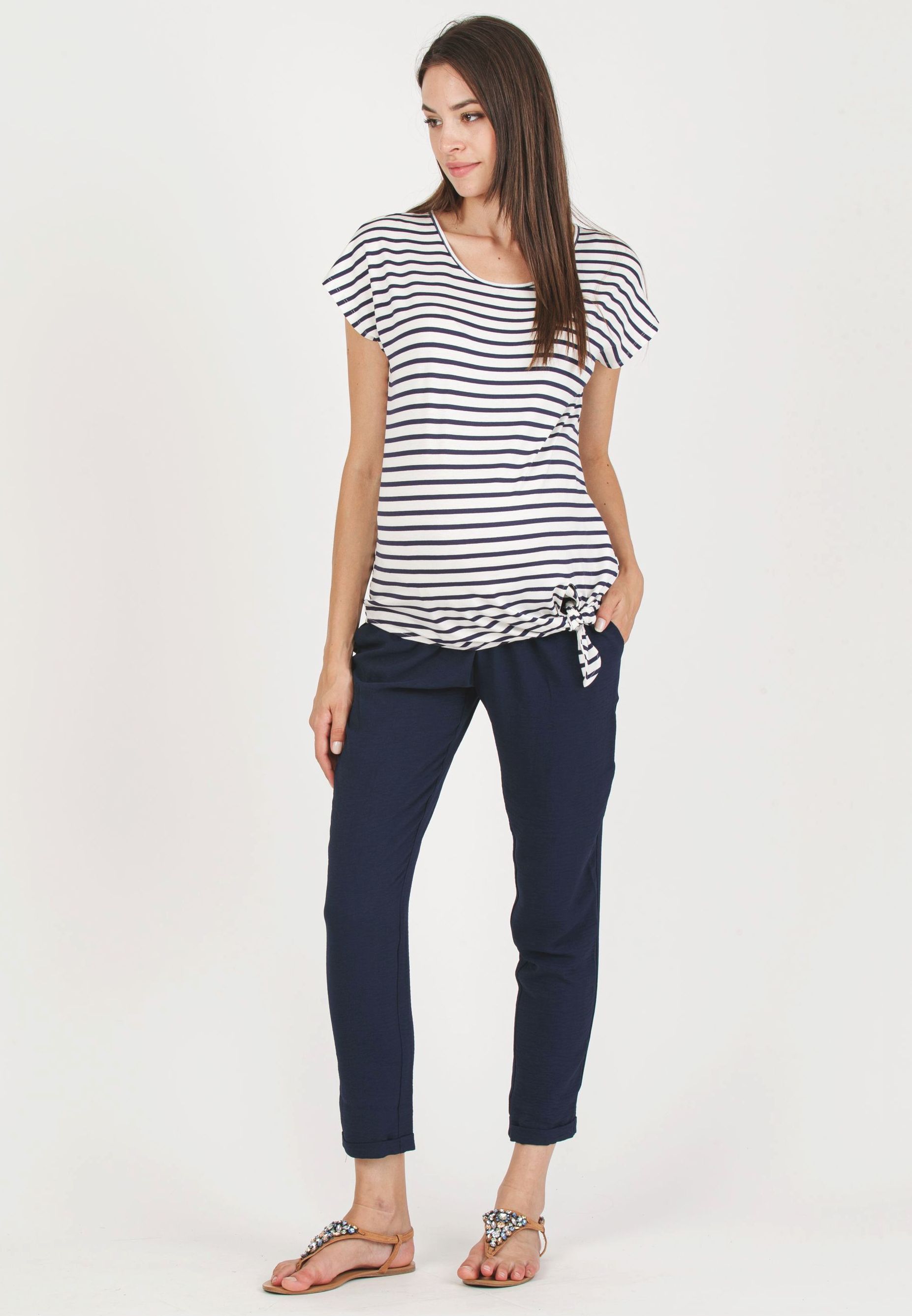URSULA R - T-Shirt Premaman A Righe con Nodo Laterale (Blu, XS)
