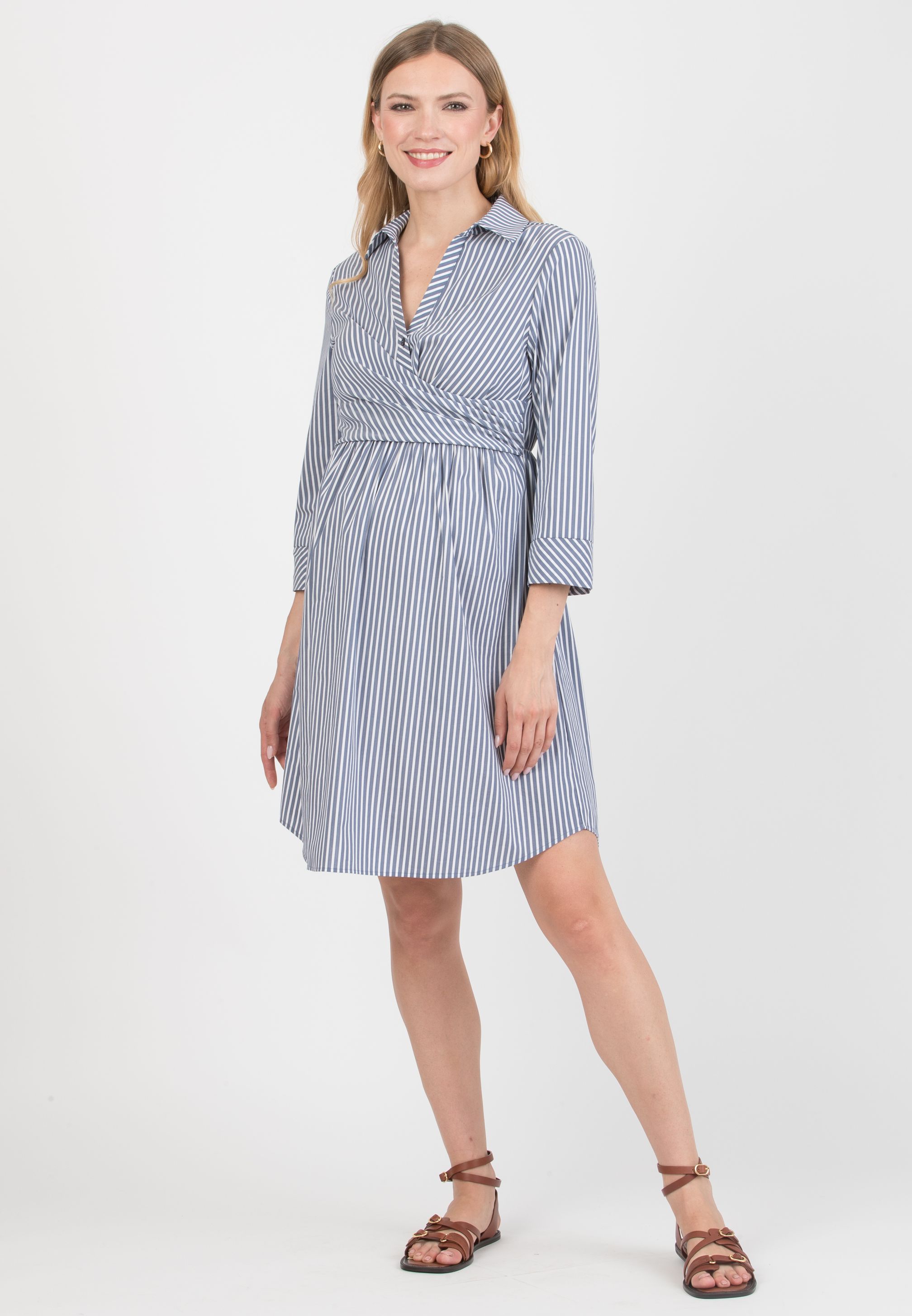 EMANUELA - Maternity & Nursing Striped Cotton Dress with Waistband (Blu)