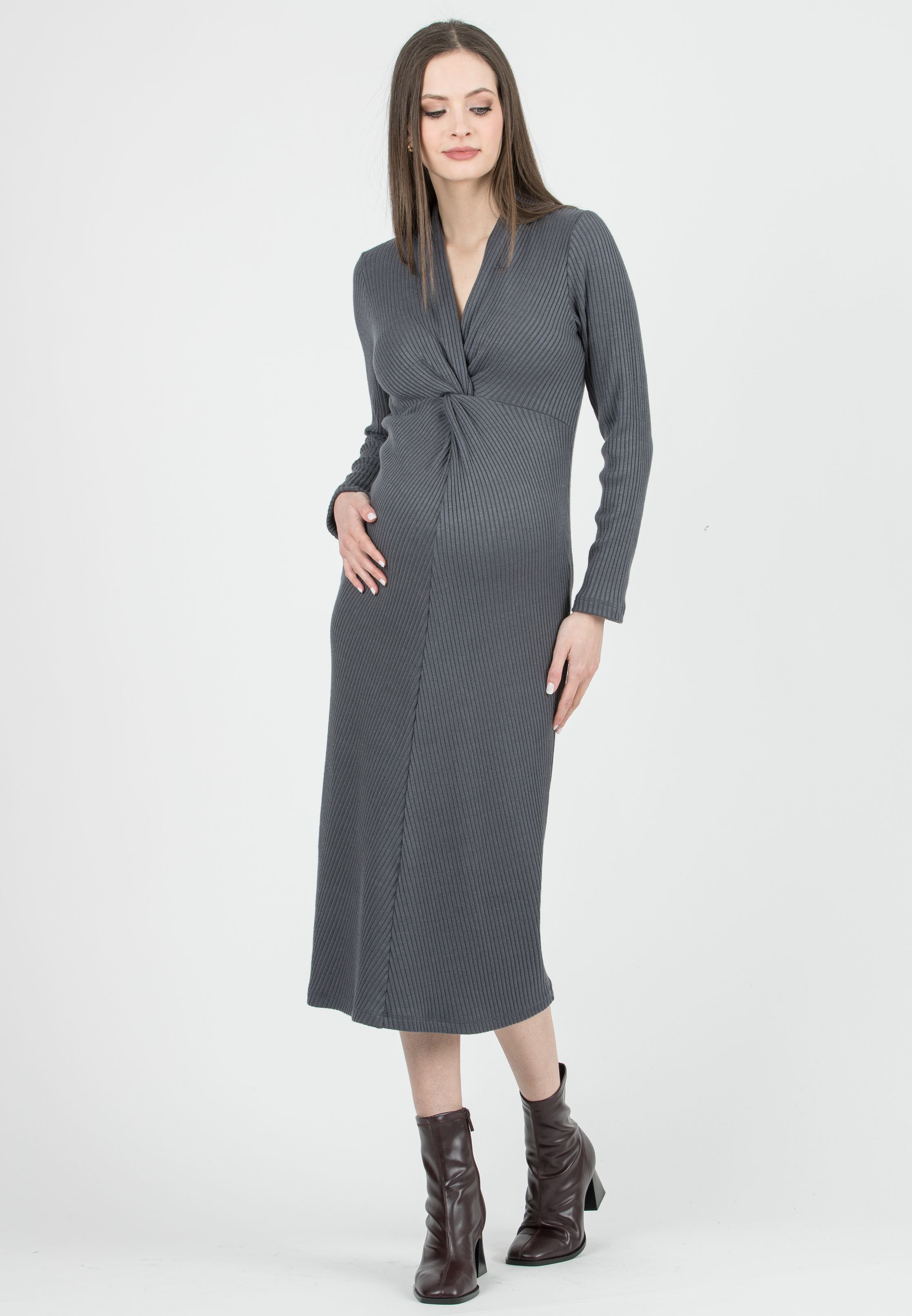 ISSA M/L – Abito Premaman & Allattamento in Maglia a Costina con Nodo (Grigio Medio)