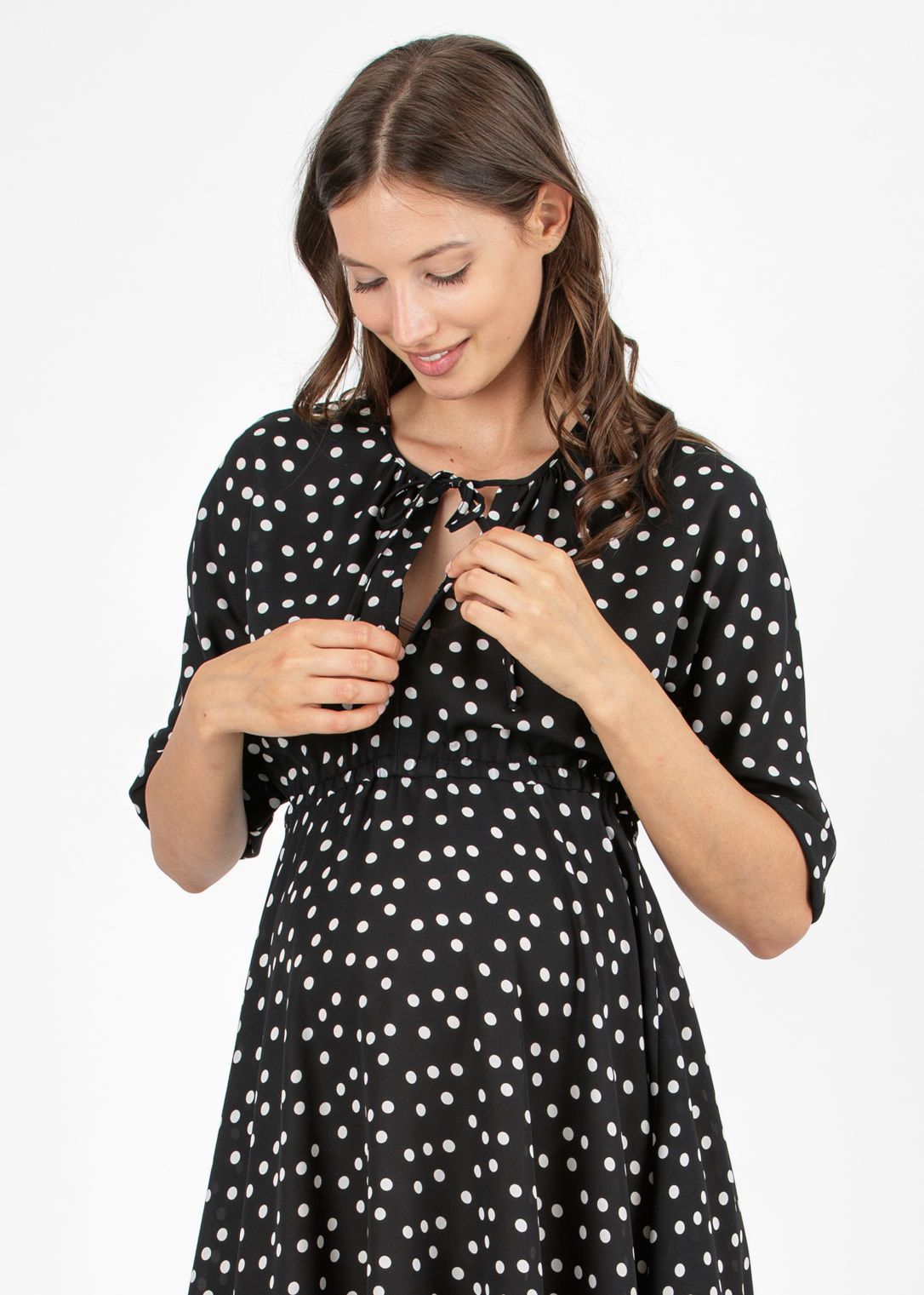 Abito Premaman & Allattamento in Crêpe a Pois con Gonna a Ruota (Nero)