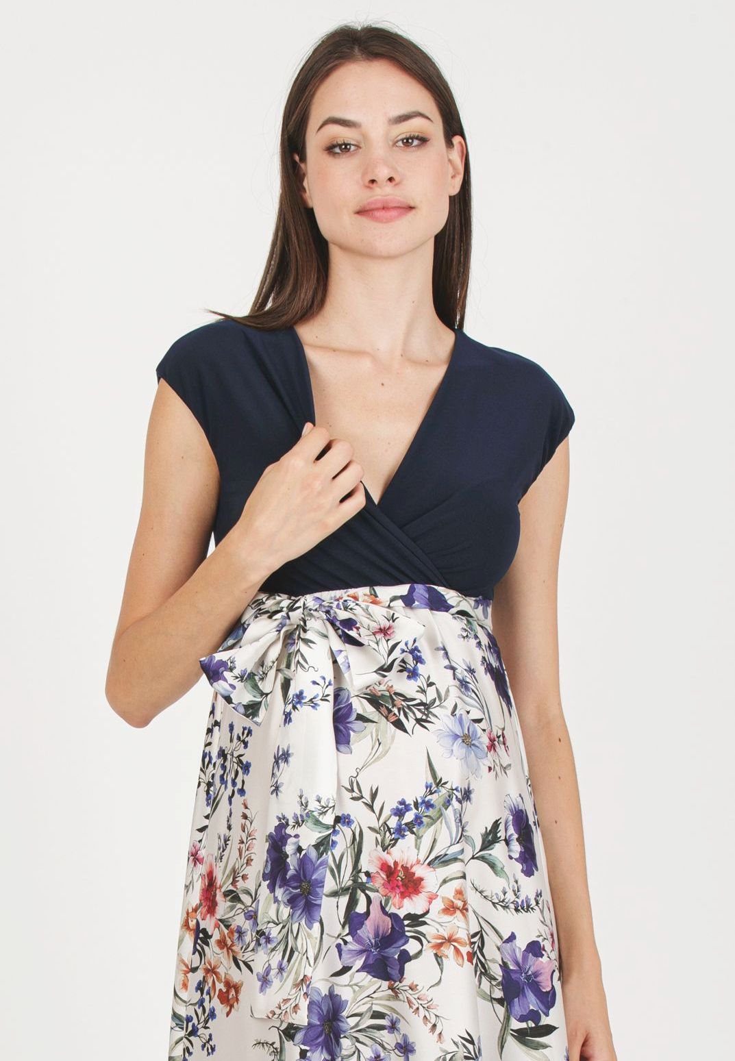 LUCREZIA F - Abito Premaman & Allattamento con Gonna in Raso Stampato (Avorio)