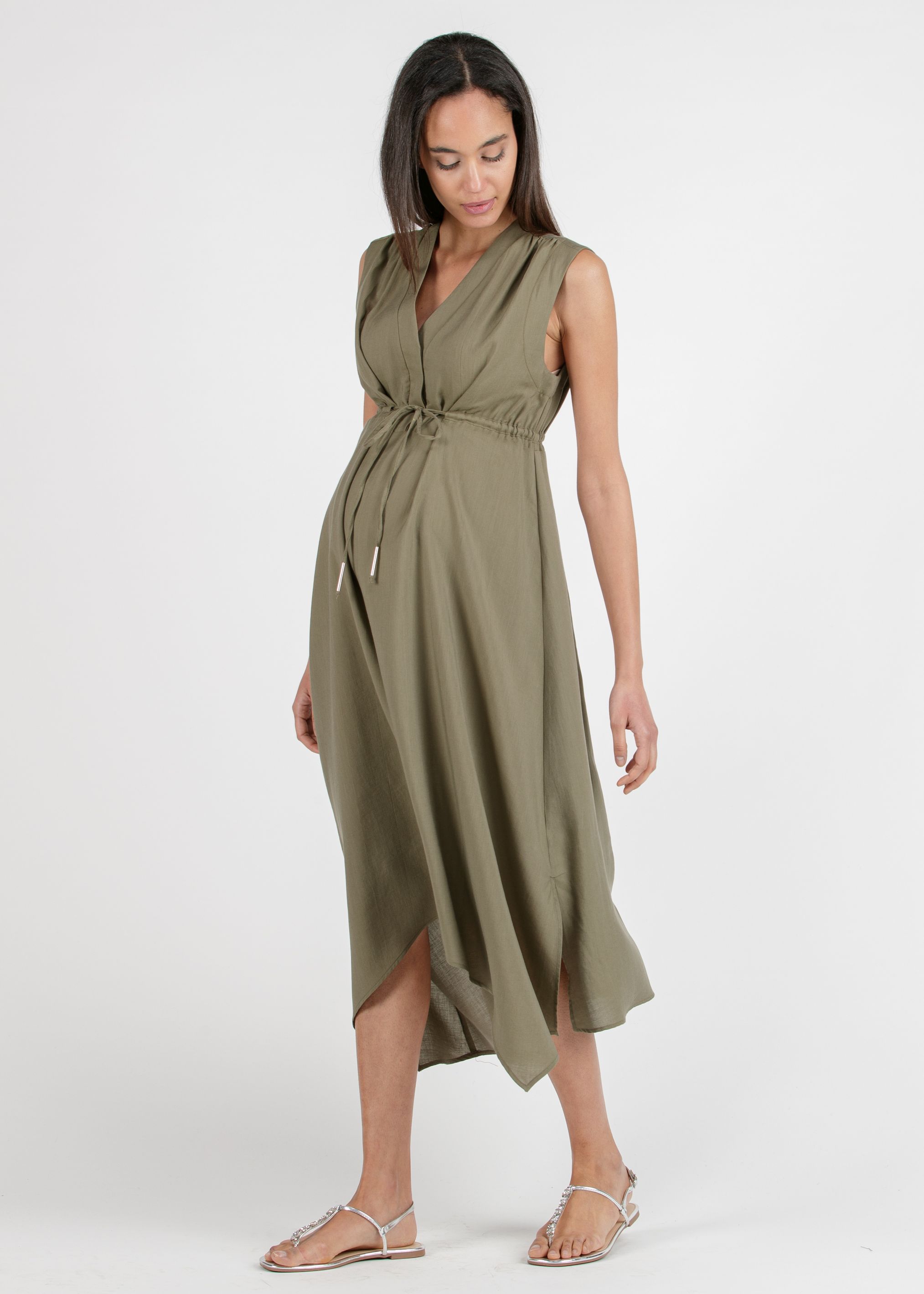 IRENE - Midi Maternity & Nursing Dress in Tencel with Drawstring (Army Green, XXS)
